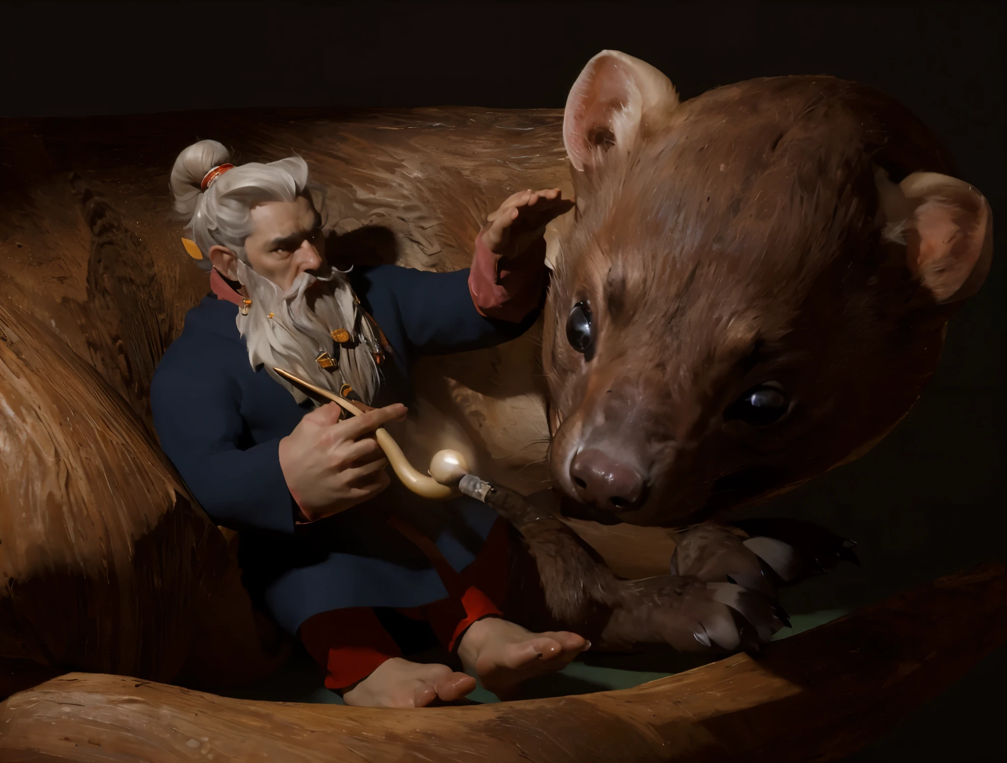 8k D&D artwork, ta small fantasy gnome pointy ears holding a smoking pipe sitting on ground next to a giant Weasel ferret marlin, furr, a artstyle inspired by Donato Giancola and Patrick J Jones, sharp focus, (highly detailed:1.4), oil painting.
