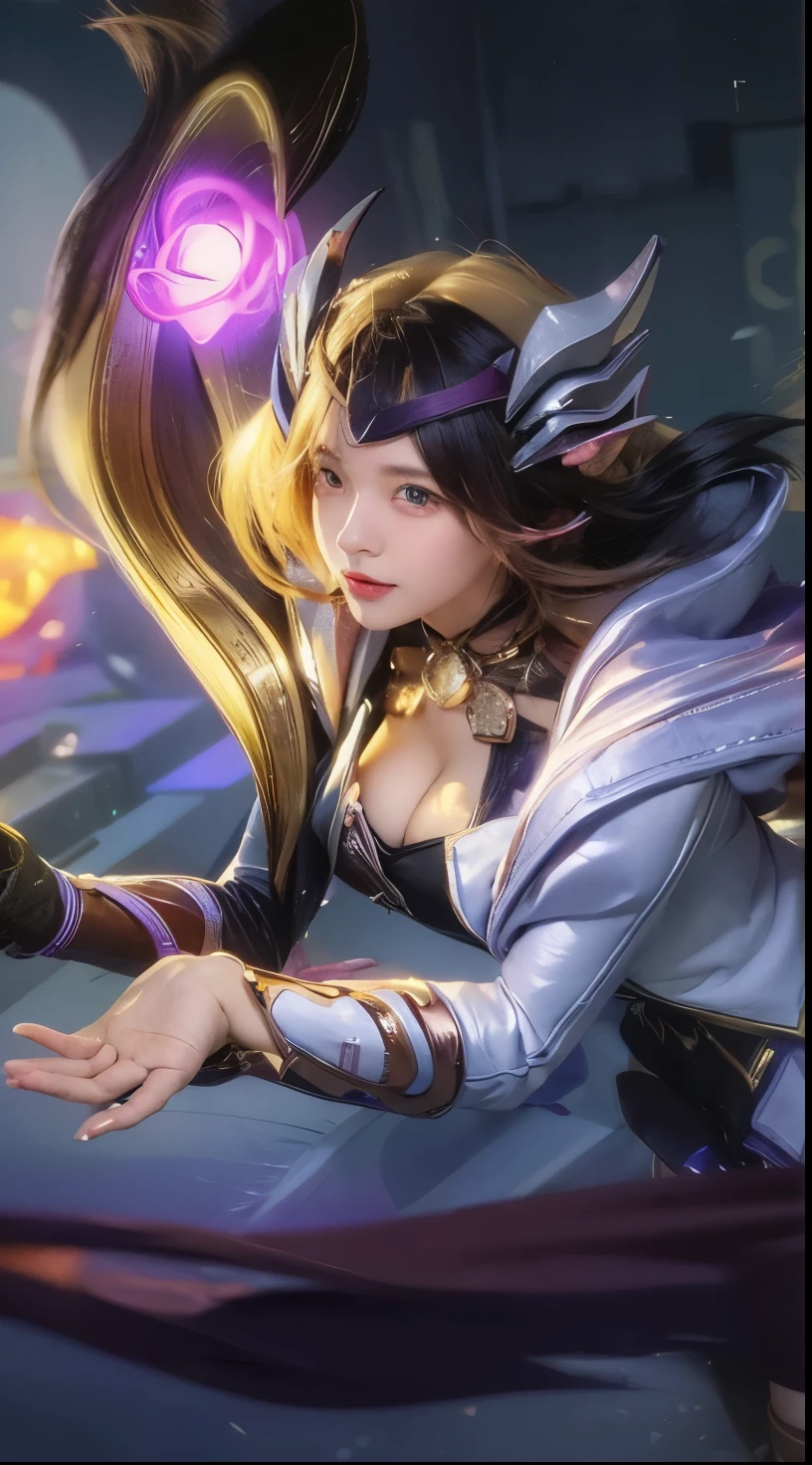 1girl, Girl smiles, purple hair girl, Tight clothes, pink jackets, flashy clothes, 2 finger pose, perfect eyes, Japanese eye,The eye pupils are red, Japanese girl, Bigger breasts, Beautiful eyes, Perfect eyes, sweet lips, ultra high res.photorealistic:1.4, UHD