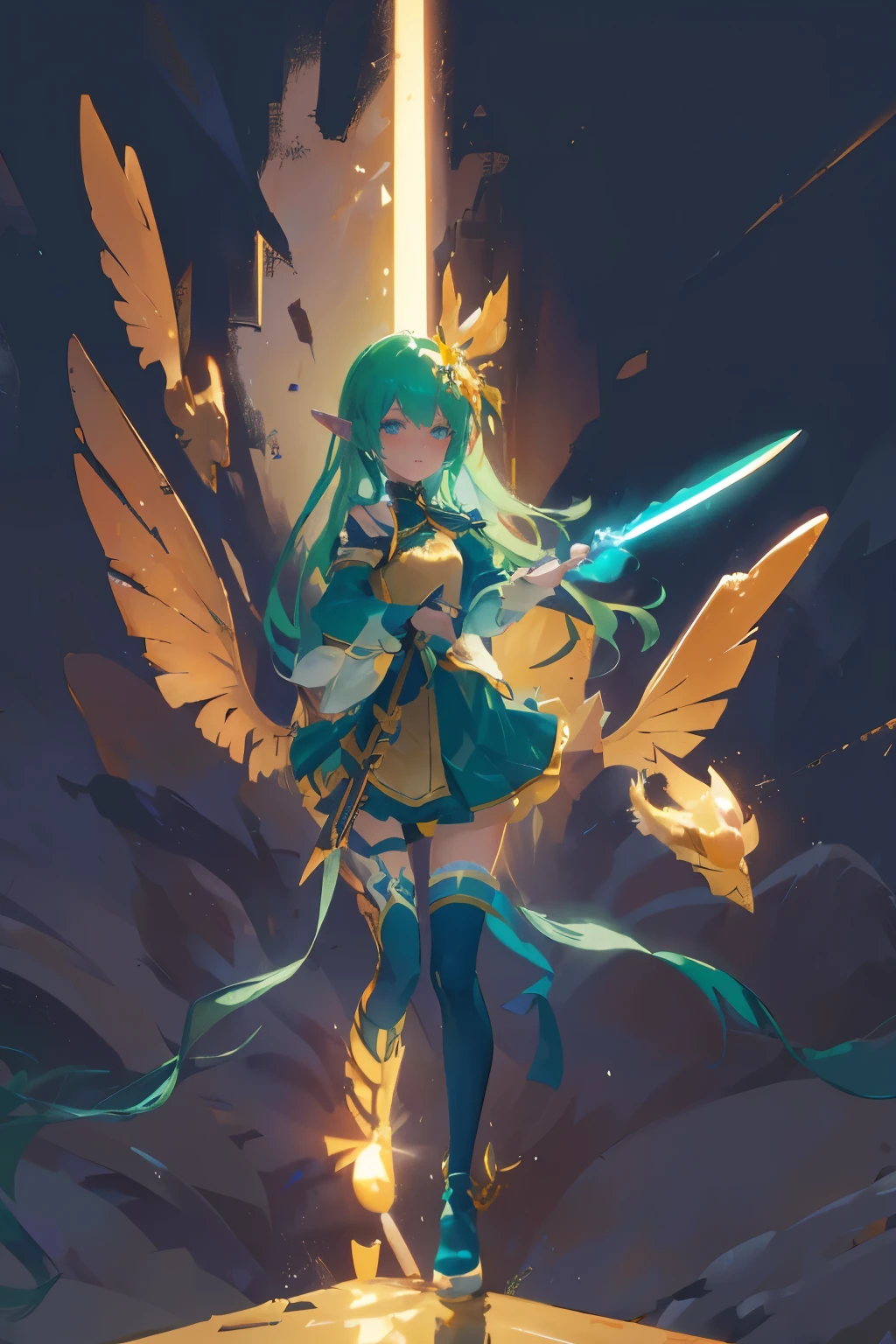 high quality,A stickman girl with a broken arm and one leg holding a knife,green long hair,Elf recurved prosthetic leg of right leg,golden decoration,plain expression,Snowy mountains at sunset,wings of wind