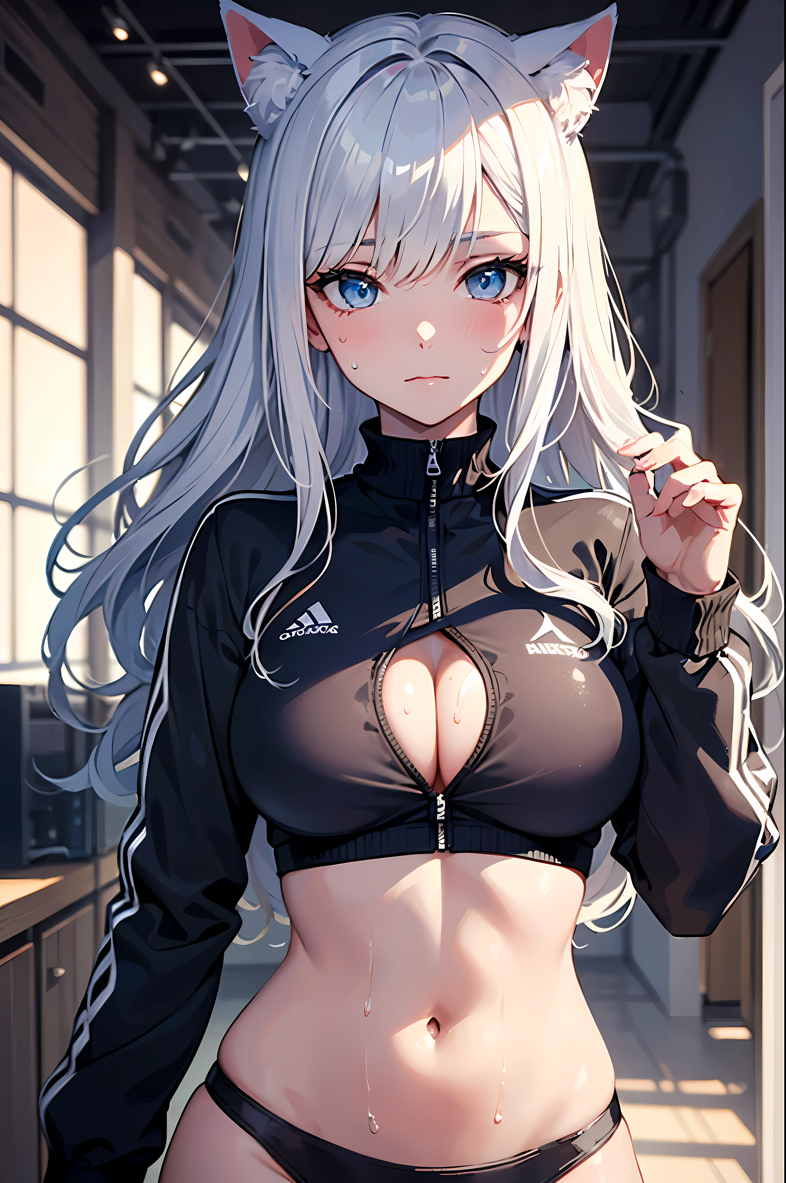 masterpiece, best quality, 1 woman, beautiful and delicate eyes, perfect face, Beautiful and detailed face, looking at viewer, Photo Important Information, Amazingly Sharp Focus, very detailed, silver hair,, navel, big bust, queen of racing, black jacket, blue eyes, cat ears, long hair, sleepy, sweat, Breath, soft skin, inside, afterglow , cowboy_launch