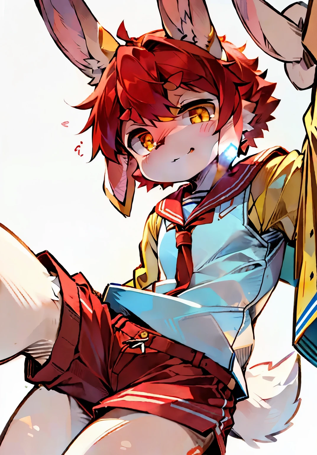 Eyes are bright, panoramic, Q version，Character focus.solo, hairy, hairy male, male focus, (whole bodyhairy的, 它whole body长着深红色和白色的皮毛, Golden eyes, red hair）(rabbits、rabbit，Sailor suit，shorts），whole body（Little cute）（super cute face）（ambient light）（Volumetric light）（detail）