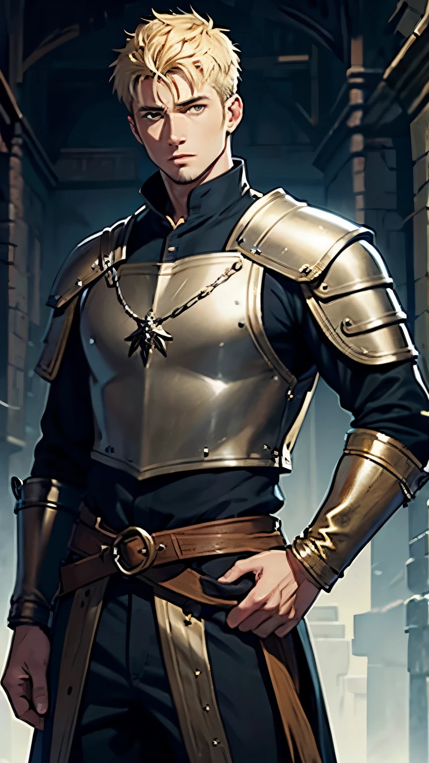 Medieval fantasy world, dull blonde hair, crew cut hair, Man in his late 20s, Not handsome but ordinary, mercenary, test, tall