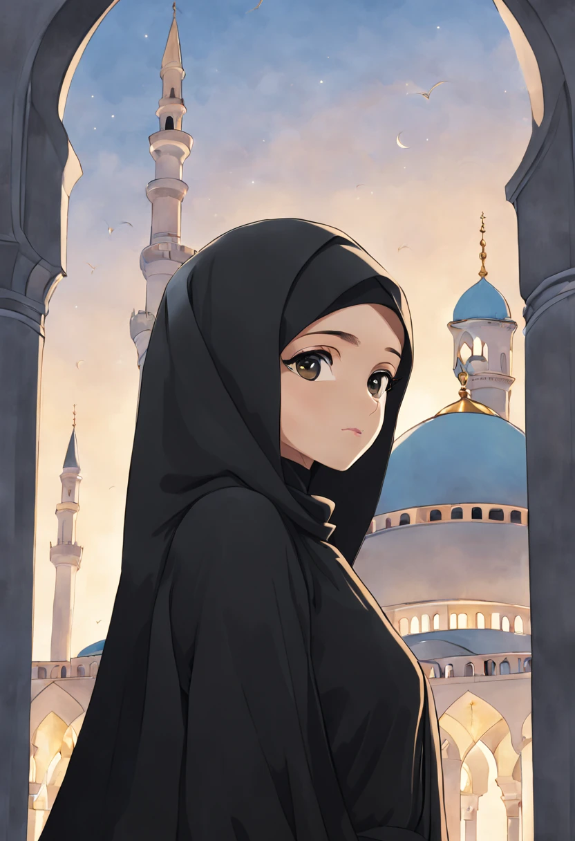 Craft an emotionally resonant anime-style depiction of a young woman's face, aged 24, adorned in a black Abaya and Khimar Hijab. Behind her, a serene mosque rises against the skyline, its minarets reaching towards the heavens, symbolizing the spiritual sanctuary and sense of belonging found in Islamic communities, while the woman's unadorned eyes reflect the light of faith and devotion.