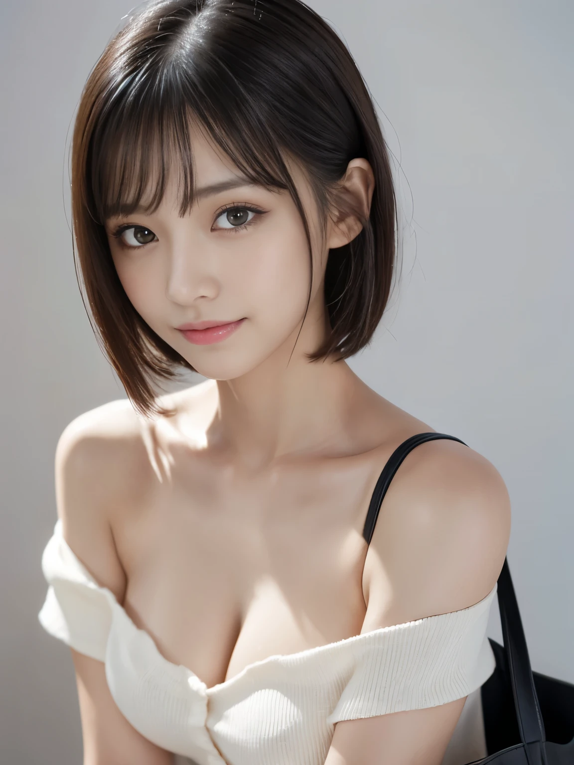 Fit Body, Masterpiece, Best Quality, Girl, Symmetrical Face, Detailed Décolleté View, Tote Shirt, Orchan, (PureErosface_V 1:0.7), Wet Skin, Blush (Best Quality, 8k, 32k, Masterpiece, UHD:1. 2), Cute Japan Woman, One Girl, (slender woman), (abs), (lips), closed mouth, (medium hair), double eyelids, wet skin, only one very beautiful woman, very sexy body, gaze looking directly at the camera, golden ratio face, golden ratio body, big breasts looking directly at the camera, not part-time sexy expression, chest between arms to create cleavage, breasts close together, flirtatious smile, very happy smile, shiny skin, big eyes, highlights in the pupils, distinct double eyelids, eyelashes, long neck, beautiful short hair, shiny dark black hair, bangs, pure white background, empty background, crystal clear white off-shoulder, clothes that seem to be visible but are not, overwhelming charm