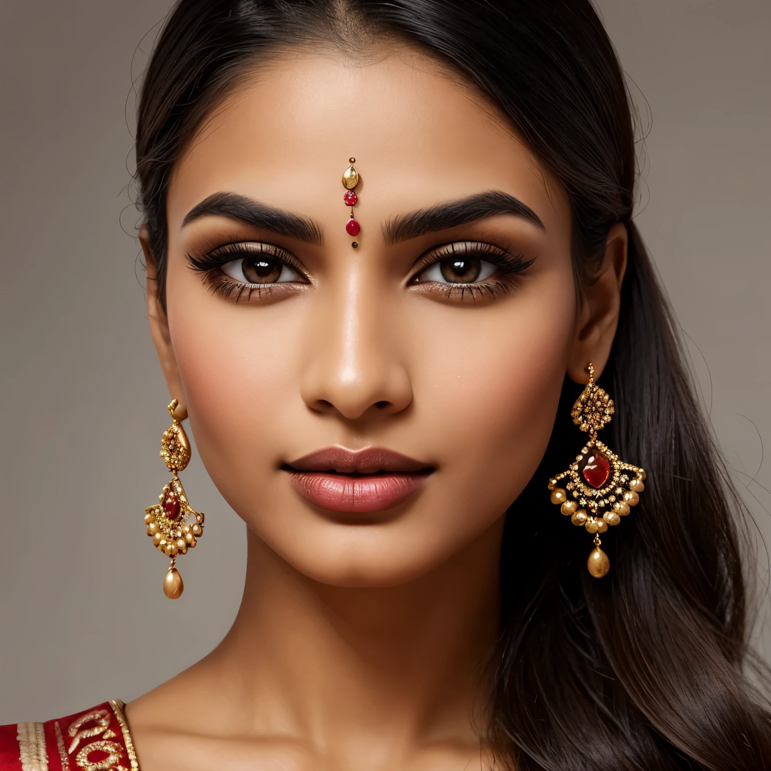 "Generate an image of a beautiful Indian woman with the following features:
Almond-shaped eyes that are dark and expressive, with long and thick eyelashes.
Thick, dark, and lustrous hair, preferably long and well-maintained.
Smooth and radiant skin of varying tones, celebrating the diversity of skin shades.
Well-defined lips, whether naturally full or subtly shaped, with traditional lip colors like deep red.
A nose that is slightly curved or button-shaped.
High cheekbones for a sculpted and elegant facial structure. you can remove the Bindi on the forehead
Well-groomed and shaped eyebrows that complement the face.
The goal is to capture the diverse beauty of Indian women, recognizing and celebrating individual uniqueness. Feel free to incorporate traditional elements to enhance the overall aesthetic."