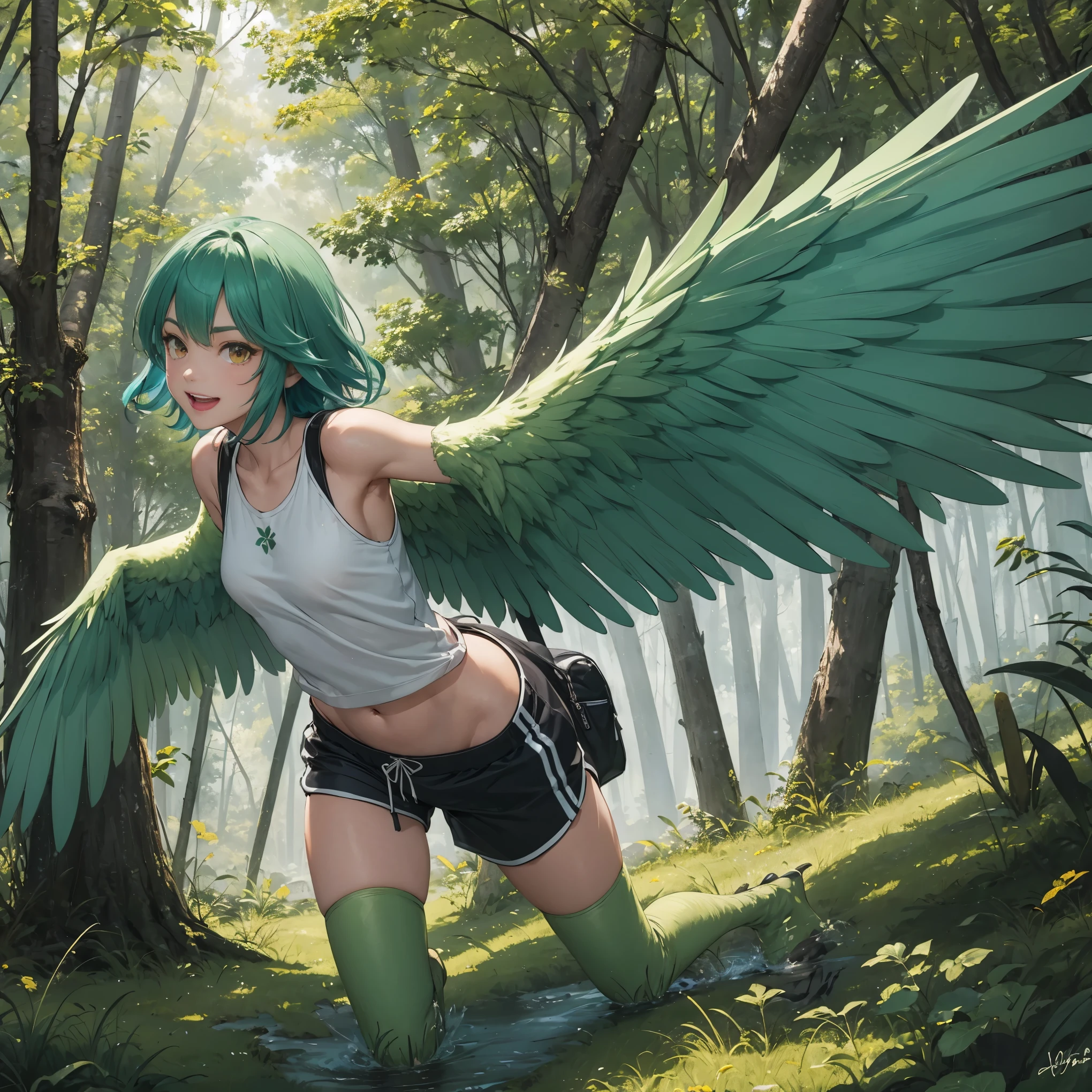 1 female, solo female, harpy, emerald green wings, beautiful wings, bird legs, detailed sharp black talons, tan skin, tomboyish appearance, slim body, body height, shoulder length green hair, bright yellow eyes, masterpiece, excellent details,sports shorts, flying over a forest, happy expression on face, extremely good detailed,silky emerald green hair