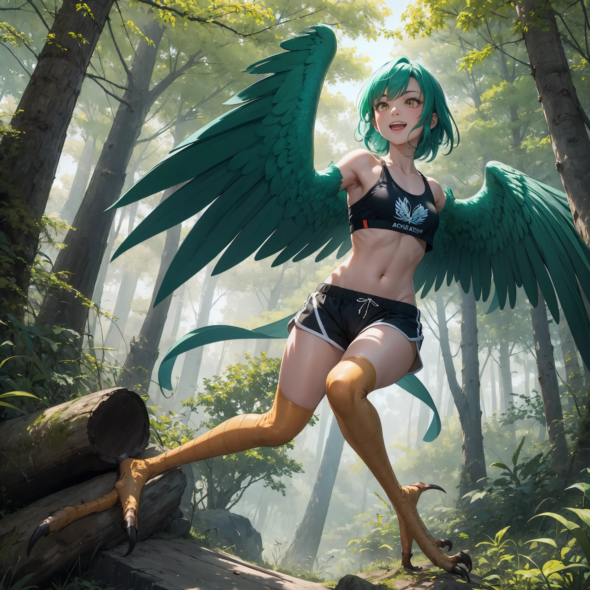 1 female, solo female, harpy, emerald green wings, beautiful wings, bird legs, detailed sharp black talons, tan skin, tomboyish appearance, slim body, body height, shoulder length green hair, bright yellow eyes, masterpiece, excellent details,sports shorts, flying over a forest, happy expression on face, extremely good detailed,silky emerald green hair