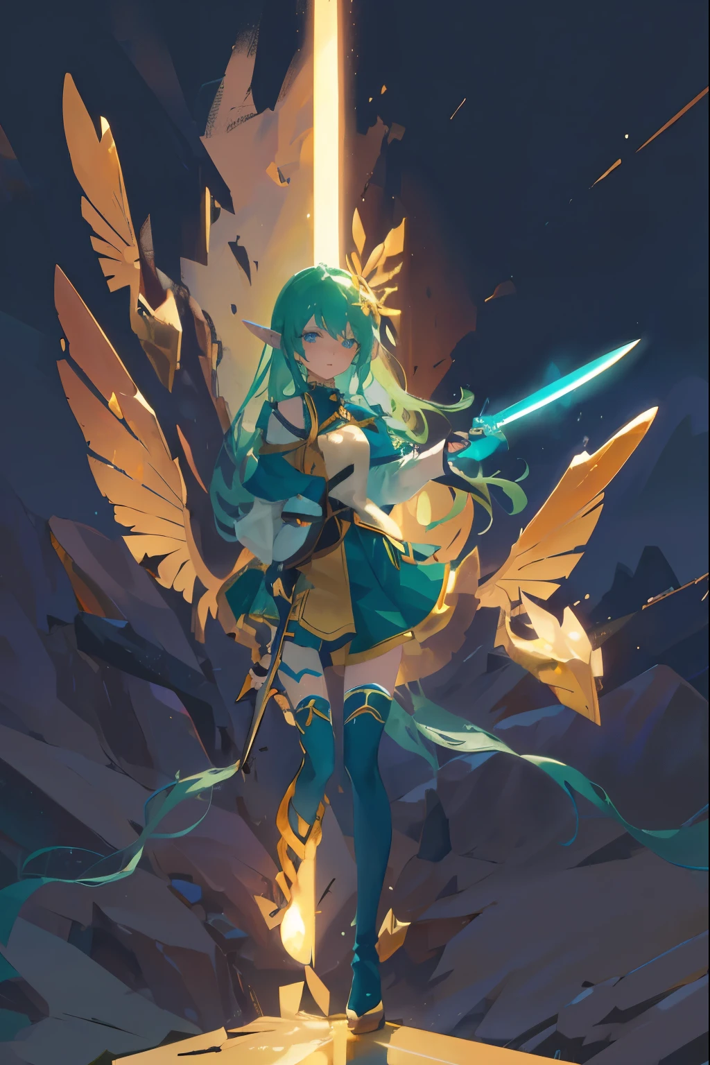 high quality,A stickman girl with a broken arm and one leg holding a knife,green long hair,Elf recurved prosthetic leg of right leg,golden decoration,plain expression,Snowy mountains at sunset,wings of wind