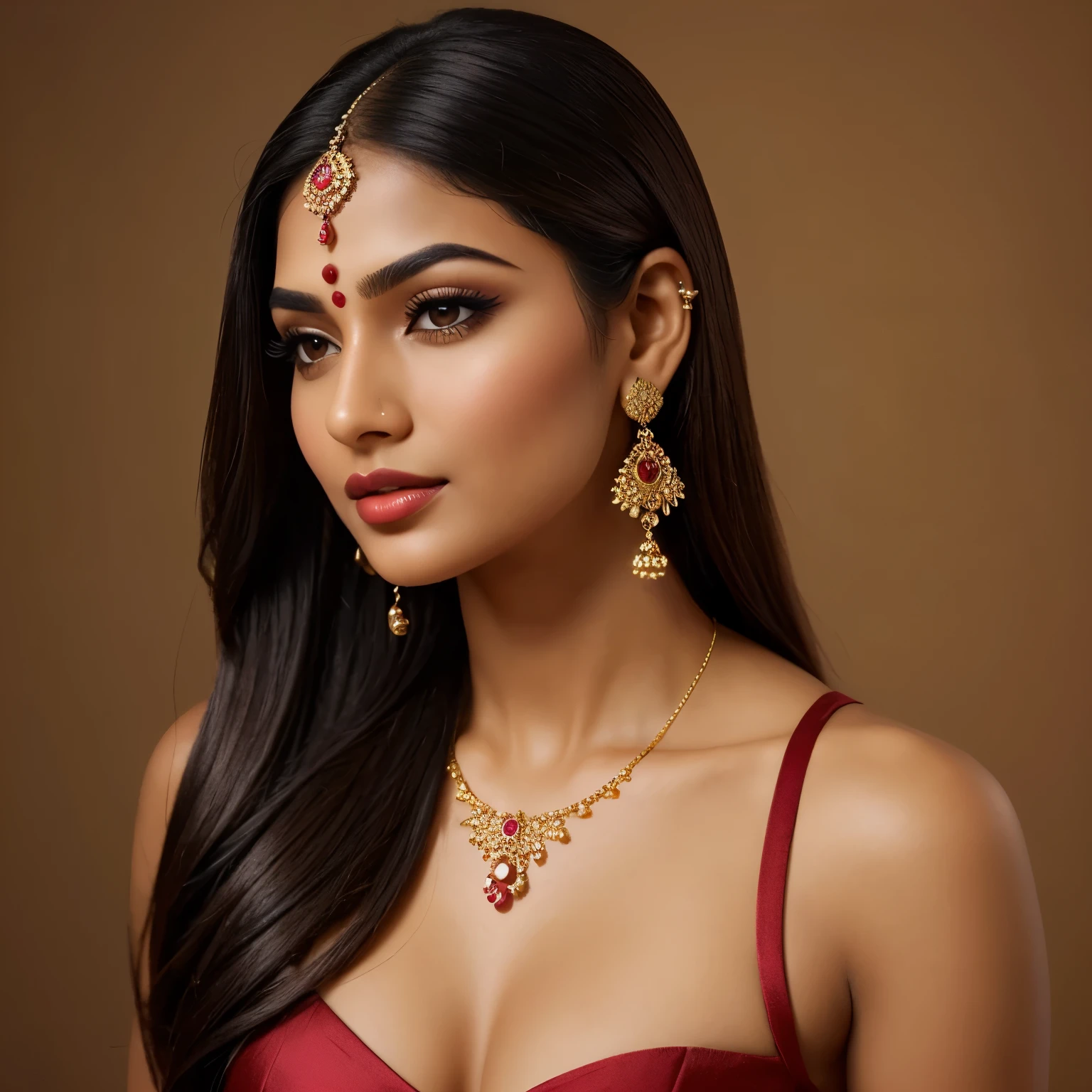 "Generate an image of a beautiful Indian woman with the following features:
Almond-shaped eyes that are dark and expressive, with long and thick eyelashes.
Thick, dark, and lustrous hair, preferably long and well-maintained.
Smooth and radiant skin of varying tones, celebrating the diversity of skin shades.
Well-defined lips, whether naturally full or subtly shaped, with traditional lip colors like deep red.
A nose that is slightly curved or button-shaped.
High cheekbones for a sculpted and elegant facial structure. you can remove the Bindi on the forehead
Well-groomed and shaped eyebrows that complement the face.
The goal is to capture the diverse beauty of Indian women, recognizing and celebrating individual uniqueness. Feel free to incorporate traditional elements to enhance the overall aesthetic."