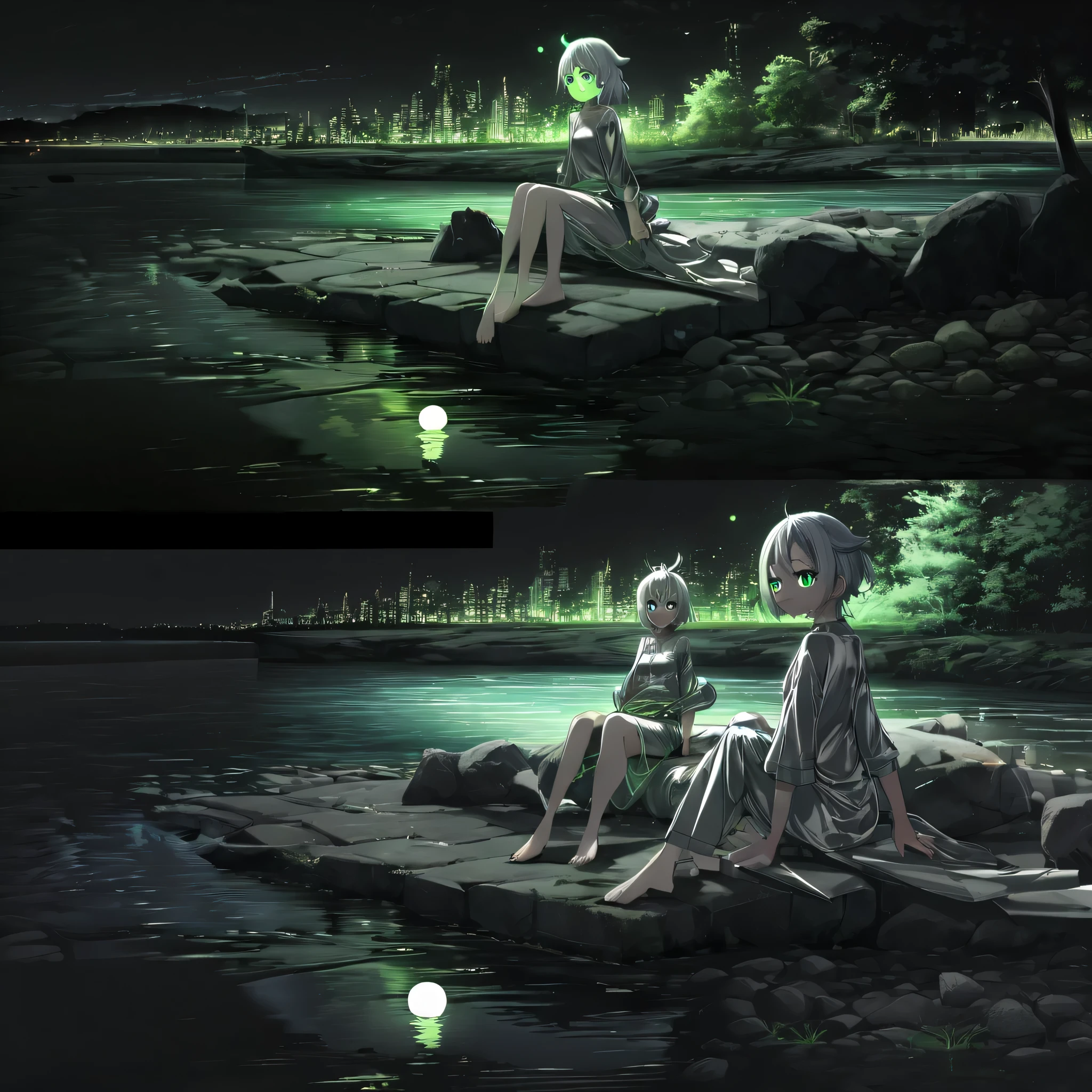 **Katara in a silver outfit sitting by a river, caprichoso, olhos de anime detalhados, full body view, 32 mil HD, Digital art techniques, suave, claro, Cinematic lighting, brilho, sharp details, hyper scenic background, detalhes extremos, unique perspective --niji