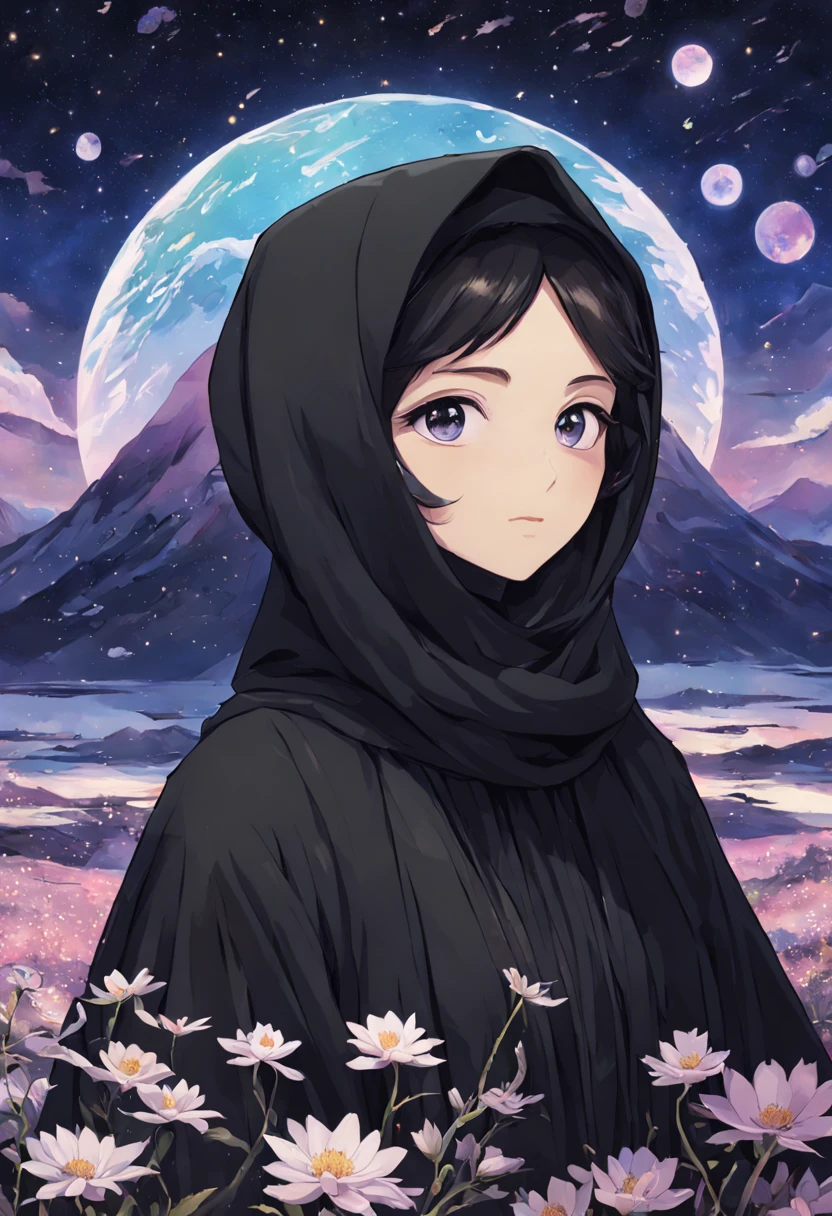 
Develop an anime-style close-up portrait of a 24-year-old woman, her unadorned eyes shining with the reflection of a distant galaxy, draped in a black Abaya and Khimar Hijab. Behind her, an otherworldly landscape unfolds, with floating islands and iridescent flora, symbolizing the boundless depth of spirituality within her, while her modest attire serves as a conduit to connect with the divine.