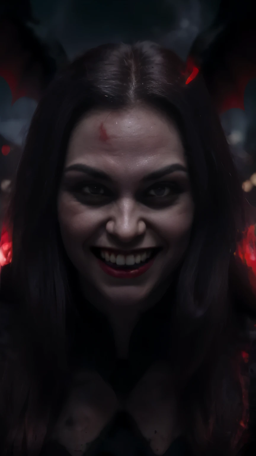 Red eyes, зубы A vampireа, Fangs, A brave face, blood from the mouth, grin, Bat wings, scary smile, psychopathic grin, psychopathic smile, scary, help in the mouth, evil eyes, A vampire, dark sky background, red + blue + green, glowing red moon