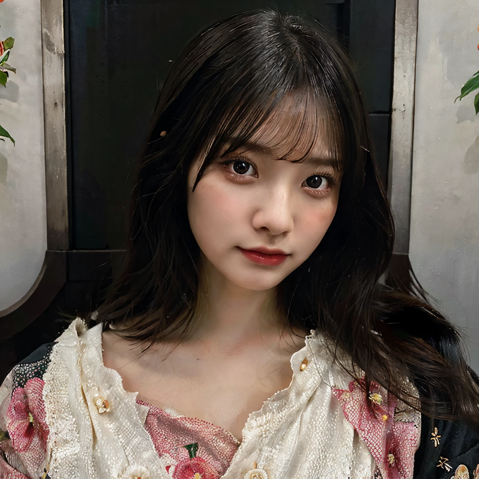 Japanese girl,shirt with text "lanz",oil painting,beautiful detailed eyes,beautiful detailed lips,long black hair,feminine,graceful,peaceful expression,floral background,soft lighting,vibrant colors,ultra-detailed,portrait,traditional Japanese clothing,geisha inspiration,fine brushstrokes,subtle texture,high contrast,subdued color palette,medium:oil painting,luxurious fabric,modern interpretation,delicate features,stylish,bokeh,artistic masterpiece,best quality,4k,highres,photorealistic