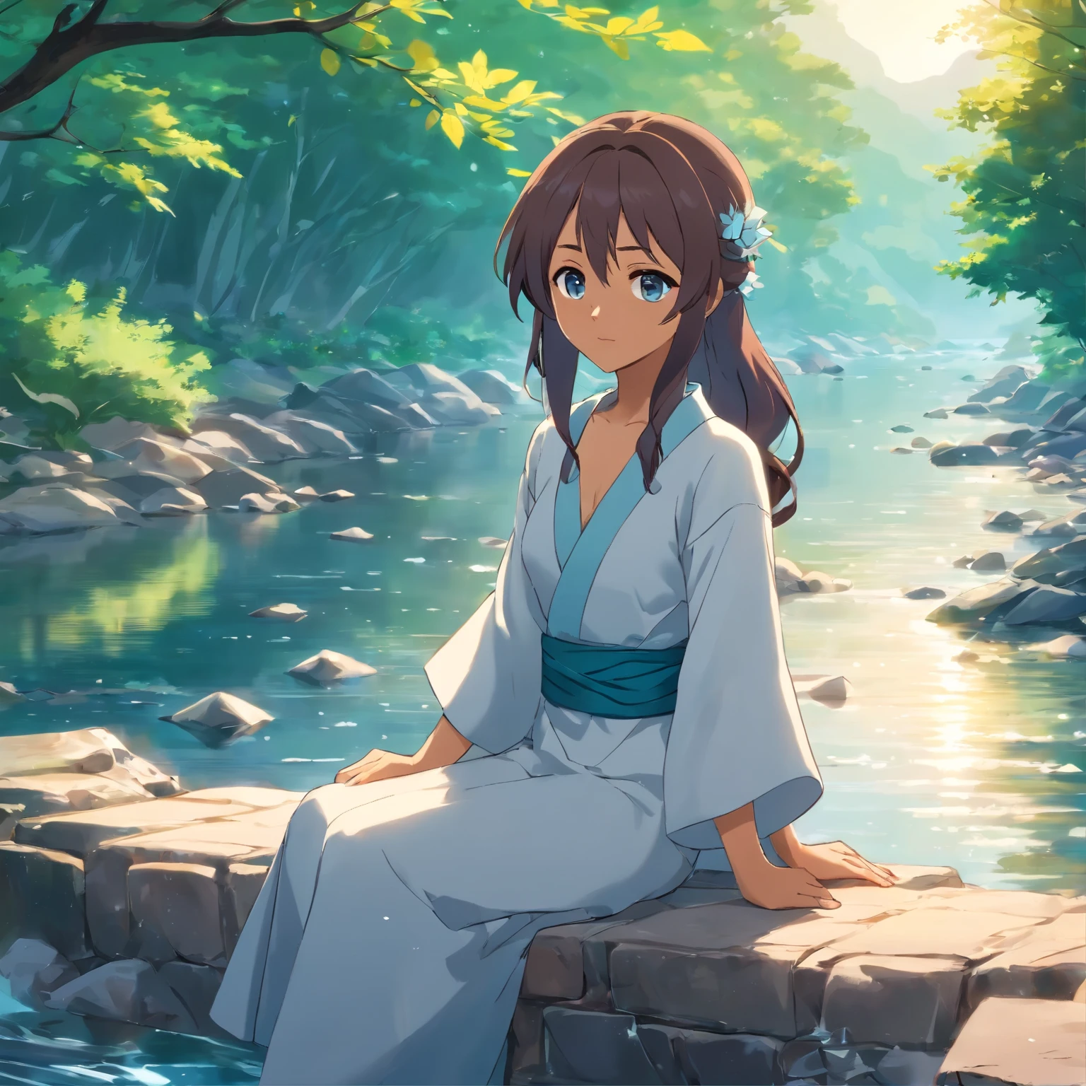 **Katara in a silver outfit sitting by a river, whimsical, detailed anime eyes, full body view, 32k uhd, digital art techniques, smooth, clear, cinematic lighting, glow, crisp detail, hyper scenic background, extreme details, unique perspective --niji