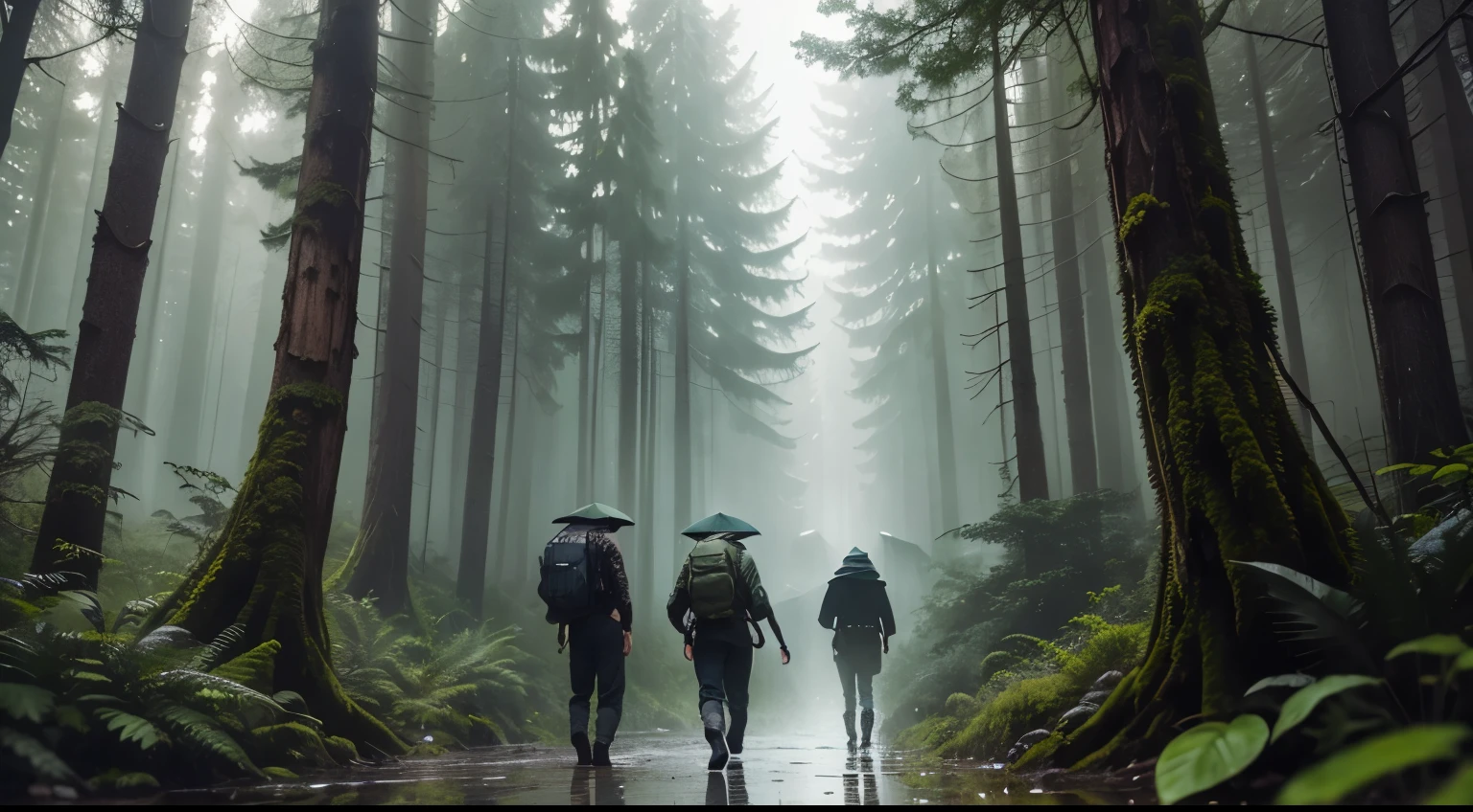 wild dense forest, rainy ambient, group of five armed adventurer walking through forest