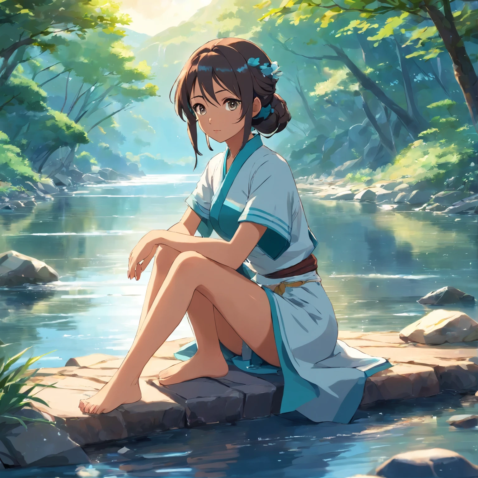**Katara in a silver outfit sitting by a river, whimsical, detailed anime eyes, full body view, 32k uhd, digital art techniques, smooth, clear, cinematic lighting, glow, crisp detail, hyper scenic background, extreme details, unique perspective --niji 