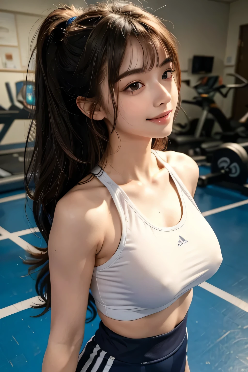 (8 thousand, RAW photos, best quality, masterpiece:1.2), Hight Detail TAW Color Photo, professional photography, (realistic, photo-realistic:1.37), ((best quality)), cinematic light, (A face depicted in detail:1.2), (masterpiece:1.5), (best quality:1.2), (bokeh:1.2), 35mm:1.25, wide angle, High Angle:1.2, attractive shot, photo portrait, front of her top, Shot from the side or back., enlargement:1.2, 1 girl, 19 year old athlete, alone, White skin, cute, Detailed skin texture, glowing skin, Detailed, beautiful and delicate face:1.3, Sportswear, padded crop top, big natural tits, small waist, Detailed hair with bangs, detailed long messy hair:1.3, random hairstyle, smiling:1.2, She is hot and sweaty, working out at the gym, no nipples,