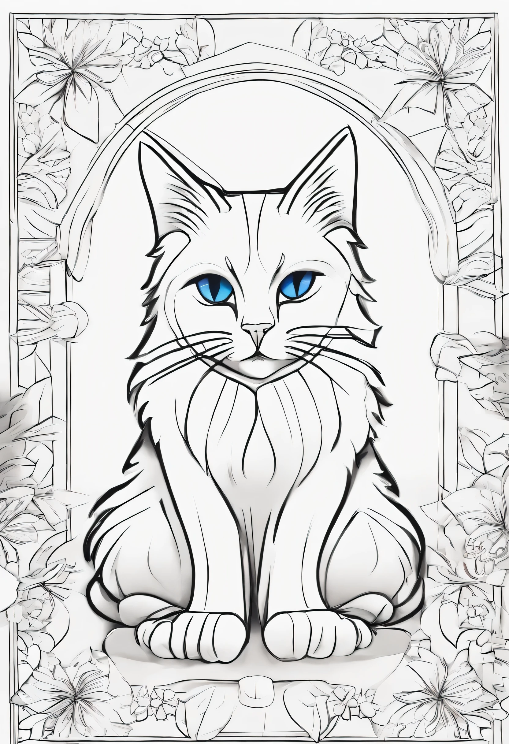 Create a page from a stress-free coloring book, introducing the adorable Ragdoll cat breed. O estilo deve ser cartunesco, with thick lines for easy filling and no presence of colors. O gato Ragdoll deve ser retratado em uma pose relaxada e graciosa, exibindo seu casaco fofo e impressionantes olhos azuis.

O fundo ao redor do gato deve ser simples, com um fundo completamente branco, allowing children to focus on the joy of coloring. Incorpore elementos que reflitam a natureza gentil e afetuosa do gato Ragdoll, como almofadas macias ou um cobertor aconchegante.

Make sure there is enough space for kids to explore their creativity while coloring the Ragdoll cat with their favorite colors. This coloring page aims to provide a calming and enjoyable experience, oferecendo aos jovens artistas uma oportunidade sem estresse de dar vida ao encantador gato Ragdoll.