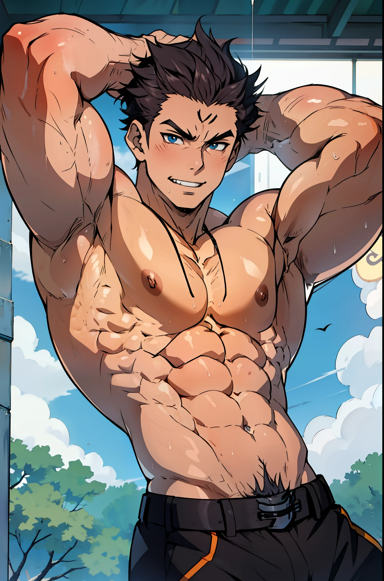 A mais alta qualidade de imagem,Pessoas do sexo masculino,1 homem,jovem e bonito,Arataki Itto,cabelo branco e vermelho,Cabelo liso curto,Pele escura,Anime peito grande,anime wallpaper,sozinho,Foco Masculino,cuecas,Dilation of the pectoral muscles,Virilha saliente,Fundo Urbano,Espalhe as pernas,,(master part, best quality) ,without the shirt, flexing your muscles, Fazendo cara de safado, Big chest, Hot abs