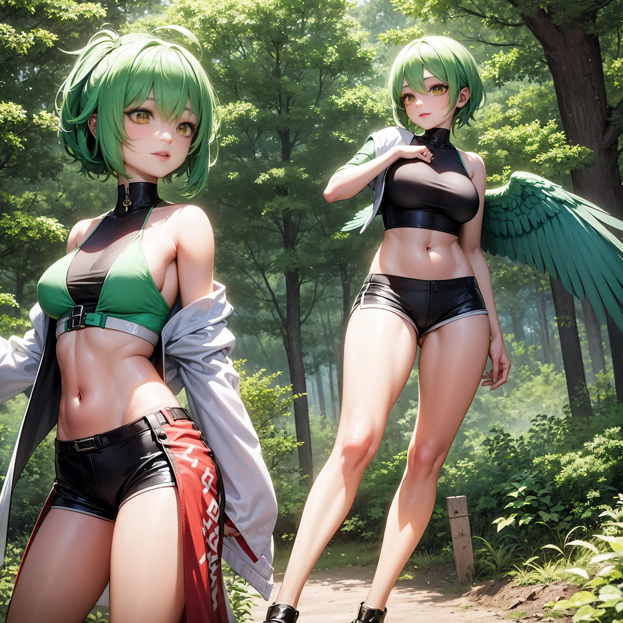 1 female, solo female, harpy, emerald green wings, beautiful wings, bird legs, detailed sharp black talons, tan skin, tomboyish appearance, slim body, body height, shoulder length green hair, bright yellow eyes, masterpiece, excellent details,sports shorts, flying over a forest, happy expression on face, extremely good detailed,silky emerald green hair
