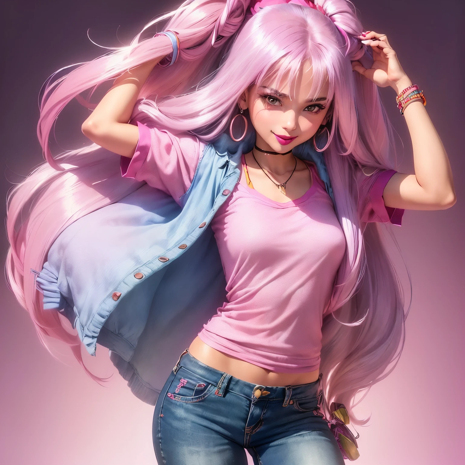 1girl, (((solo))), (((beautiful))), (((long loose silky hair, any colour hair))), (((any skin colour))), (((lipstick, any colour lipstick))), (((blush))), (((smile))), ((((casual 90's clothes, fashionable 90's attire, trendy style)))), (((stylish accessories))), (((colourful 90's background, any pattern)))