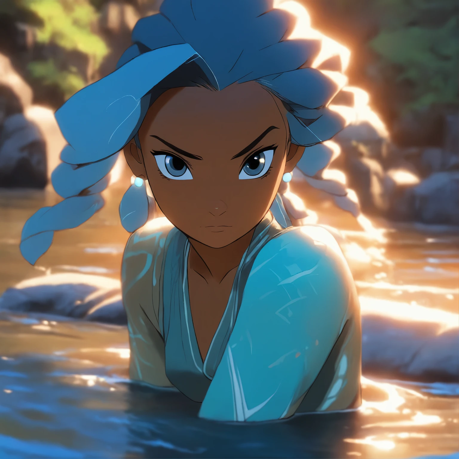 **Katara in a silver outfit sitting by a river, whimsical, detailed anime eyes, full body view, 32k uhd, digital art techniques, smooth, clear, cinematic lighting, glow, crisp detail, hyper scenic background, extreme details, unique perspective --niji 6** - (fast, stealth)