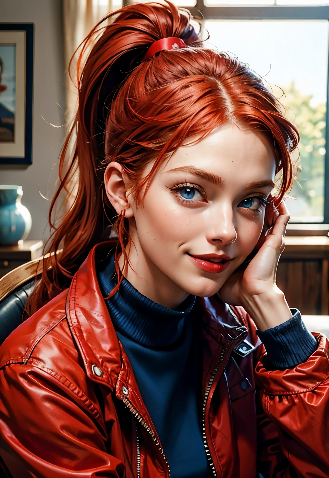 Beautiful redhead with blue eyes, ponytail, red clothes, beautiful, red blouse, at home, big ponytail, beautiful, sexy, smiling, from the front, waving, Red jacket, sitting on the chair