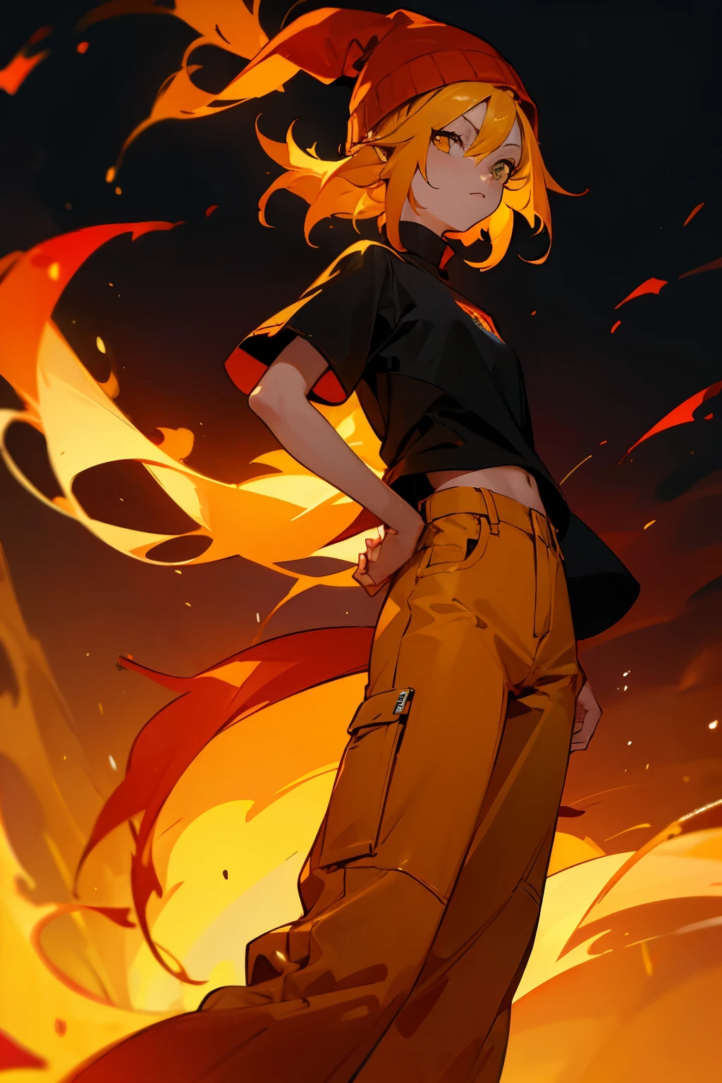 yellow fire hair, red pants, black shirt, orange beanie, fire background, lean female