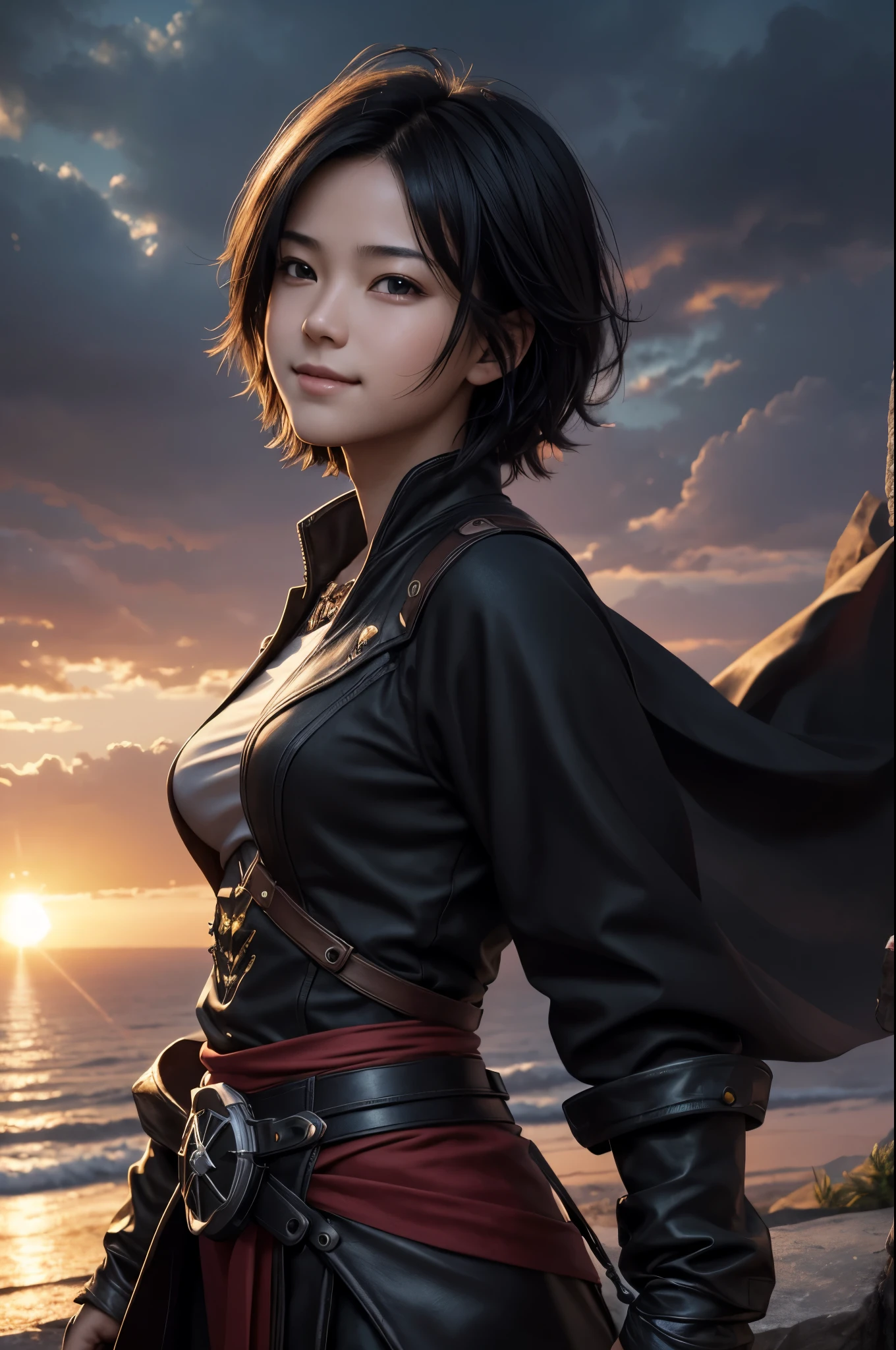 8k、alone、 boy,Super beautiful teenager,Beautiful boy with black eyes,black short bob hair,black and red clothes,head there、demon slayer boy,Remains,amazing work of art、wind effect:1.9、cloud effect:1.2、full rendering、unreal engine,An innocent expression,A cute boy,ultra high resolution,超realistic skin,Super precise hand details,fantasy art,smile,Photorealistic RAW photos of the highest quality。bright colors,rich colors, Backlight, cinematic lighting, film grain, to be born, 50mm lens, Nikon D850,realistic skin,fantasy art,character art,ultra high resolution,realistic skin,on the cliff at sunset,大きな口を開けたsmile,