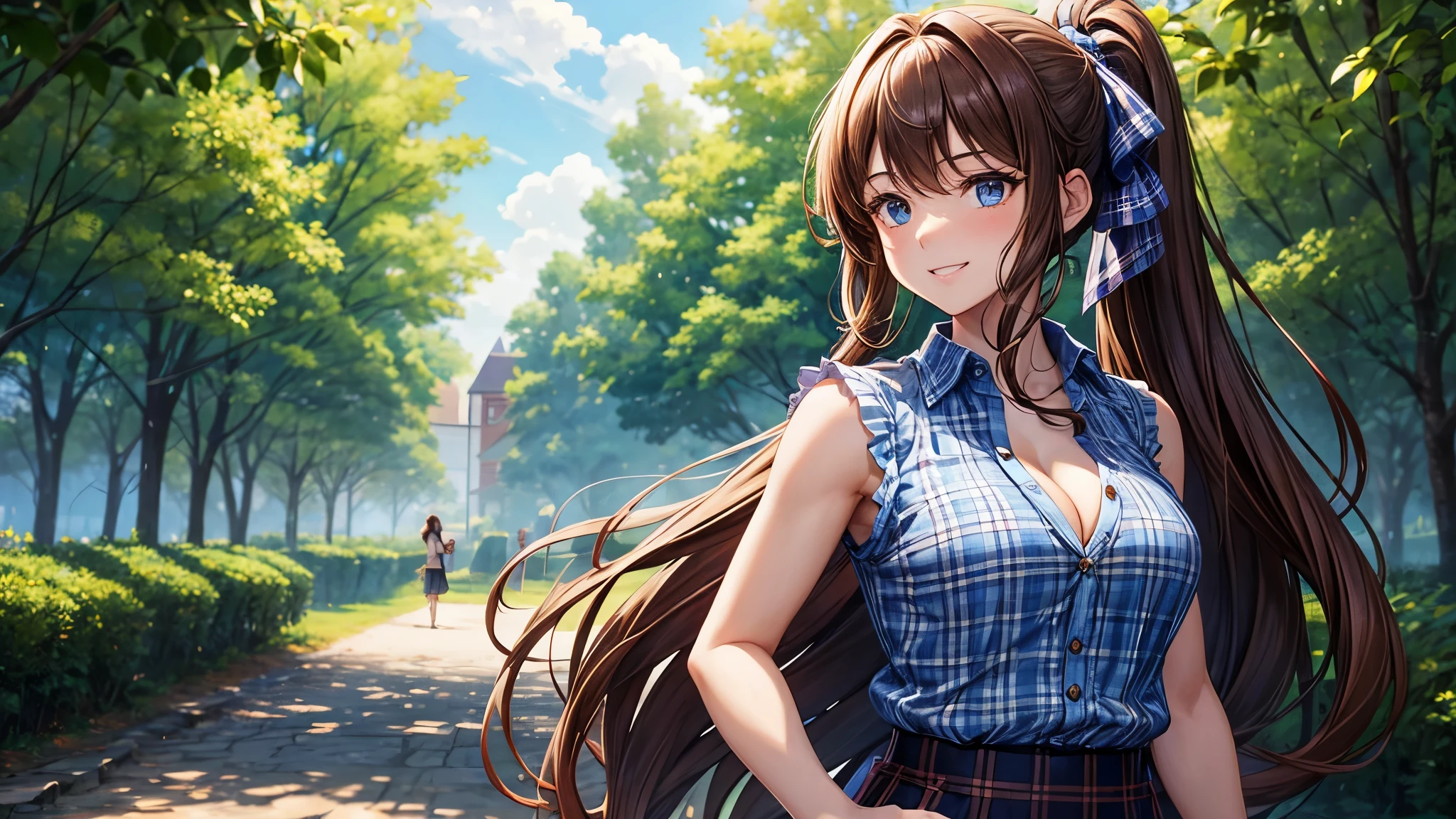 1girl, solo, full body, rural landscape, village, trees, sun, clouds, fantasy, brown hair, ponytail, large breasts, button down shirt, ((blue checked shirt)), ((short sleeved shirt)), ((unbuttoned shirt)), unbuttoning buttons, cleavage 1:3, shirt tied under chest, belly, blue eyes, dark skirt, smile, looking at the viewer, standing, hair ribbon, golden necklate