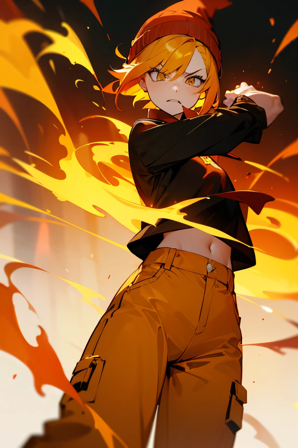 yellow fire hair, red pants, black shirt, orange beanie, fire background, lean female, angry, short hair