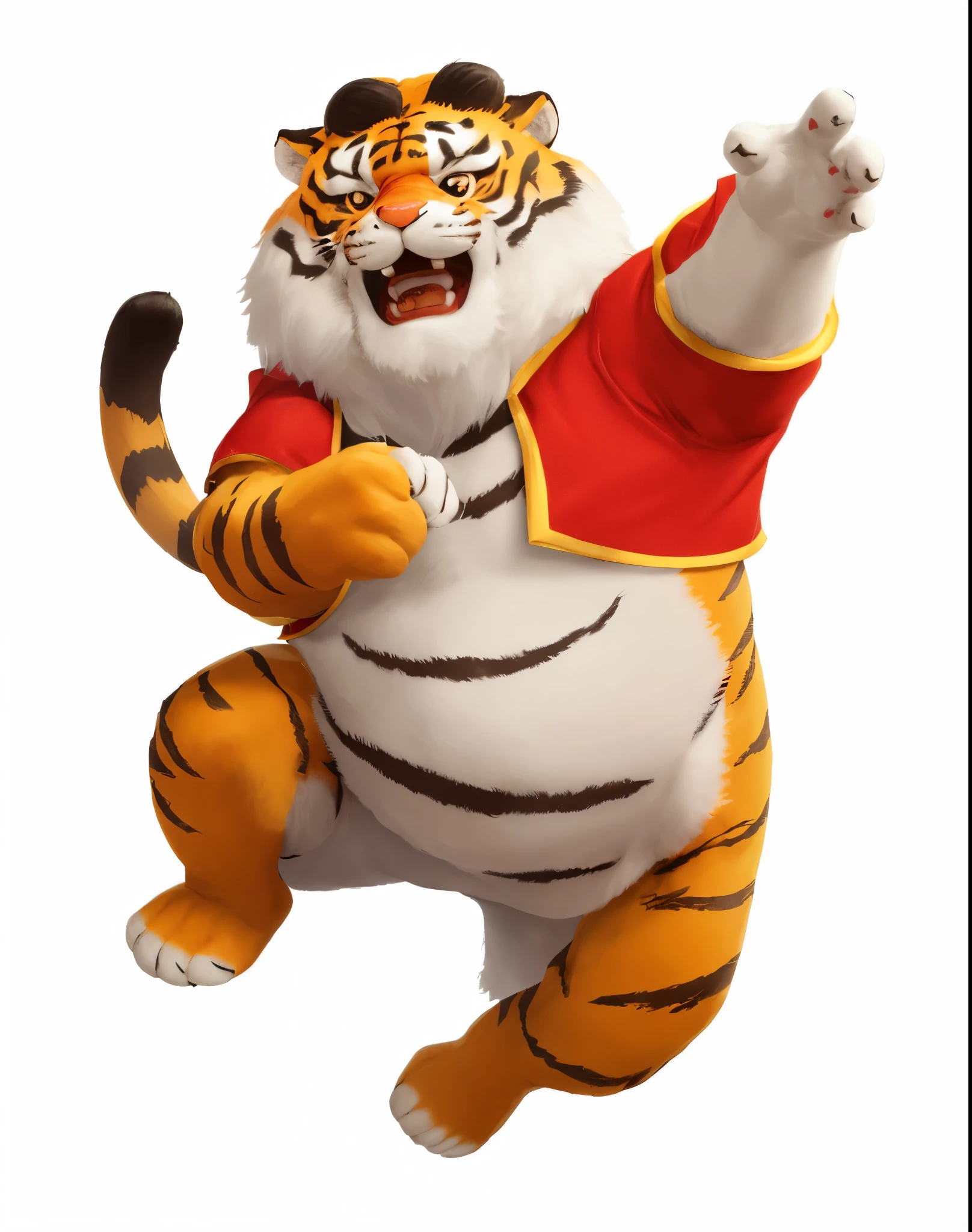 a close up of a tiger with a red shirt and a red cape, tony the tiger, anthropomorphic tiger, paul lung, kung fu, official character art, official art, 3d model of a japanese mascot, fighting game character, inspired by Pu Hua, tian zi, inspired by Li Kan, bian lian, full body close-up shot, #3D, higth resolution, best colors