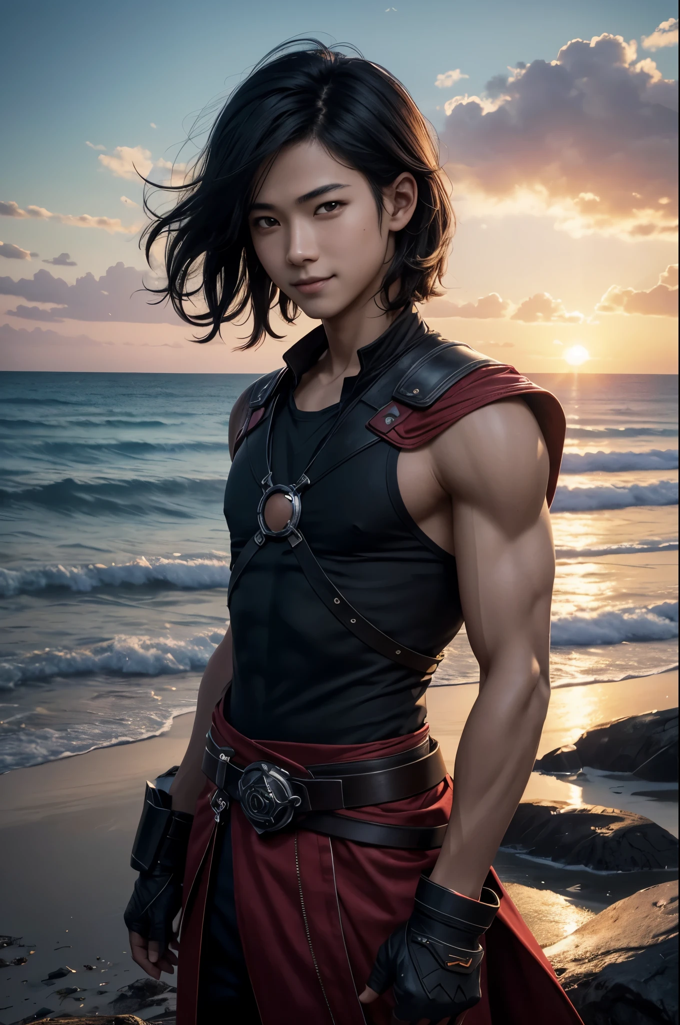 8k、alone、16 year old boy,Super beautiful teenager,Beautiful boy with black eyes,black short bob hair,black and red clothes,head there、demon slayer boy,Remains,amazing work of art、wind effect:1.9、cloud effect:1.2、full rendering、unreal engine,An innocent expression,cool boy,ultra high resolution,超realistic skin,Super precise hand details,fantasy art,smile,Photorealistic RAW photos of the highest quality。bright colors,rich colors, Backlight, cinematic lighting, film grain, to be born, 50mm lens, Nikon D850,realistic skin,fantasy art,character art,ultra high resolution,realistic skin,on the cliff at sunset,大きな口を開けたsmile,muscular slim body,