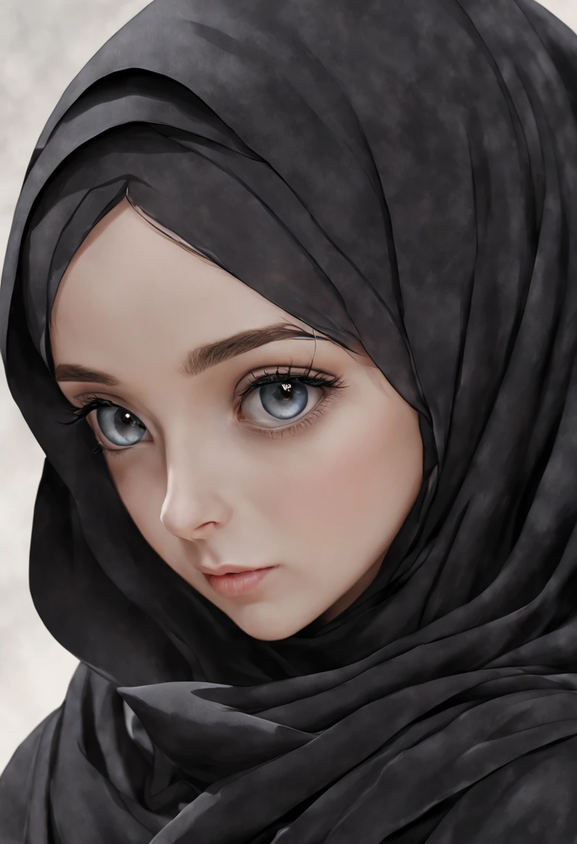 Develop an intricately detailed anime-inspired artwork featuring a close-up of a 24-year-old woman's face, her unadorned eyes gazing out with an uncanny realism. The fine lines and wrinkles around her eyes are rendered with precision, while the subtle nuances of her expression convey a depth of emotion rarely seen in art. She wears a black Abaya and Khimar Hijab, the fabric's texture so finely rendered that it appears to have a life of its own.