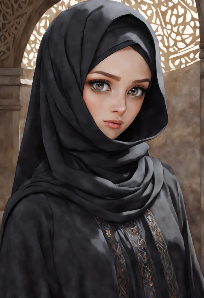 Render a hyper-realistic anime-style close-up portrait of a 24-year-old woman, capturing every intricate detail of her unadorned eyes, down to the individual reflections of light and subtle variations in iris pigmentation. She wears a black Abaya and Khimar Hijab, with the fabric's texture meticulously depicted, highlighting the fine weave and gentle folds against her skin.
