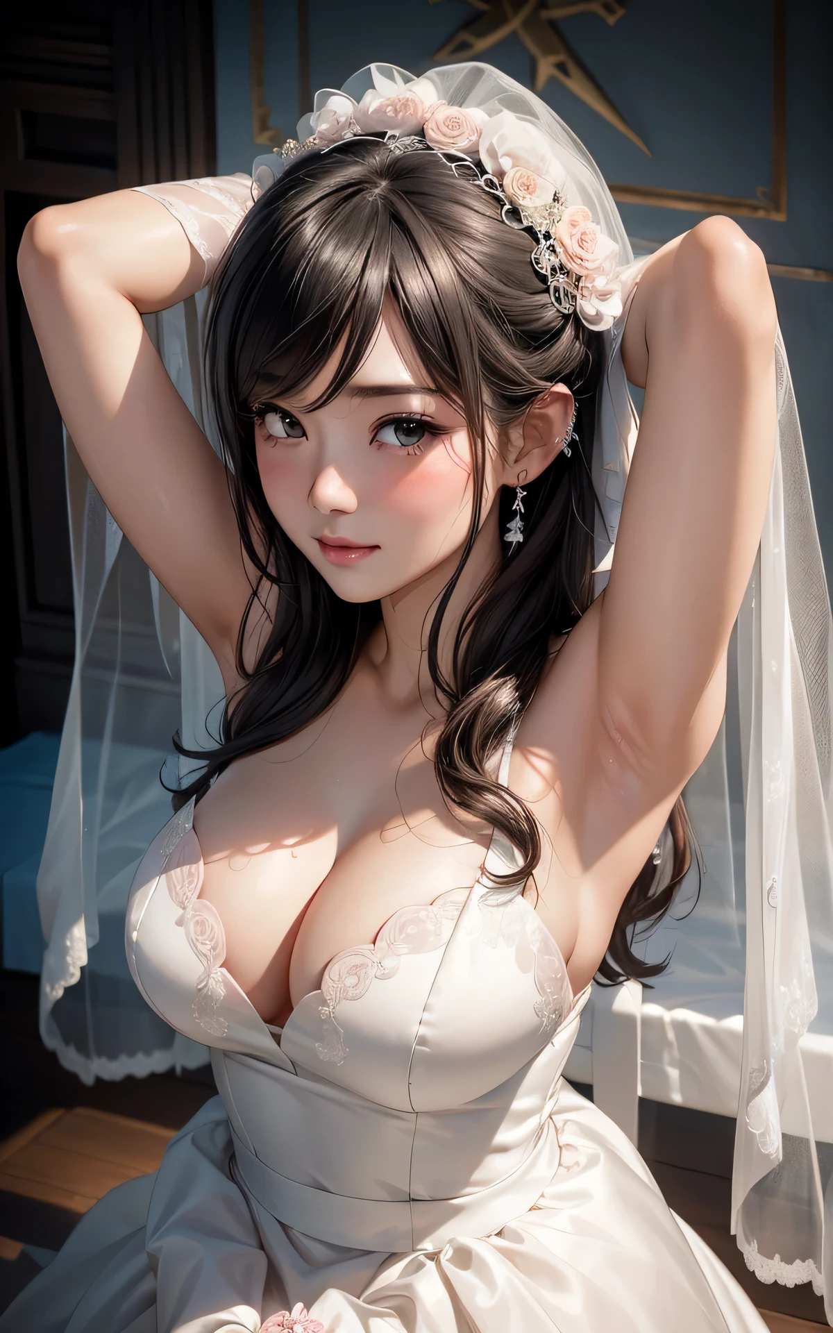 absurderes:2.0、(Blush、wedding veil:1.4, from above:1.3,, arms behind head:1.4)、japanese actress、solo, realistic, Unity 8K Wallpaper, Masterpiece, Realistic face, Realistic skin feeling ,detailed hair, highly detailed, realistic glistening skin, light makeup, (wedding dress:1.6、curvy、big breasts, black eyes)、chapel, happiness
