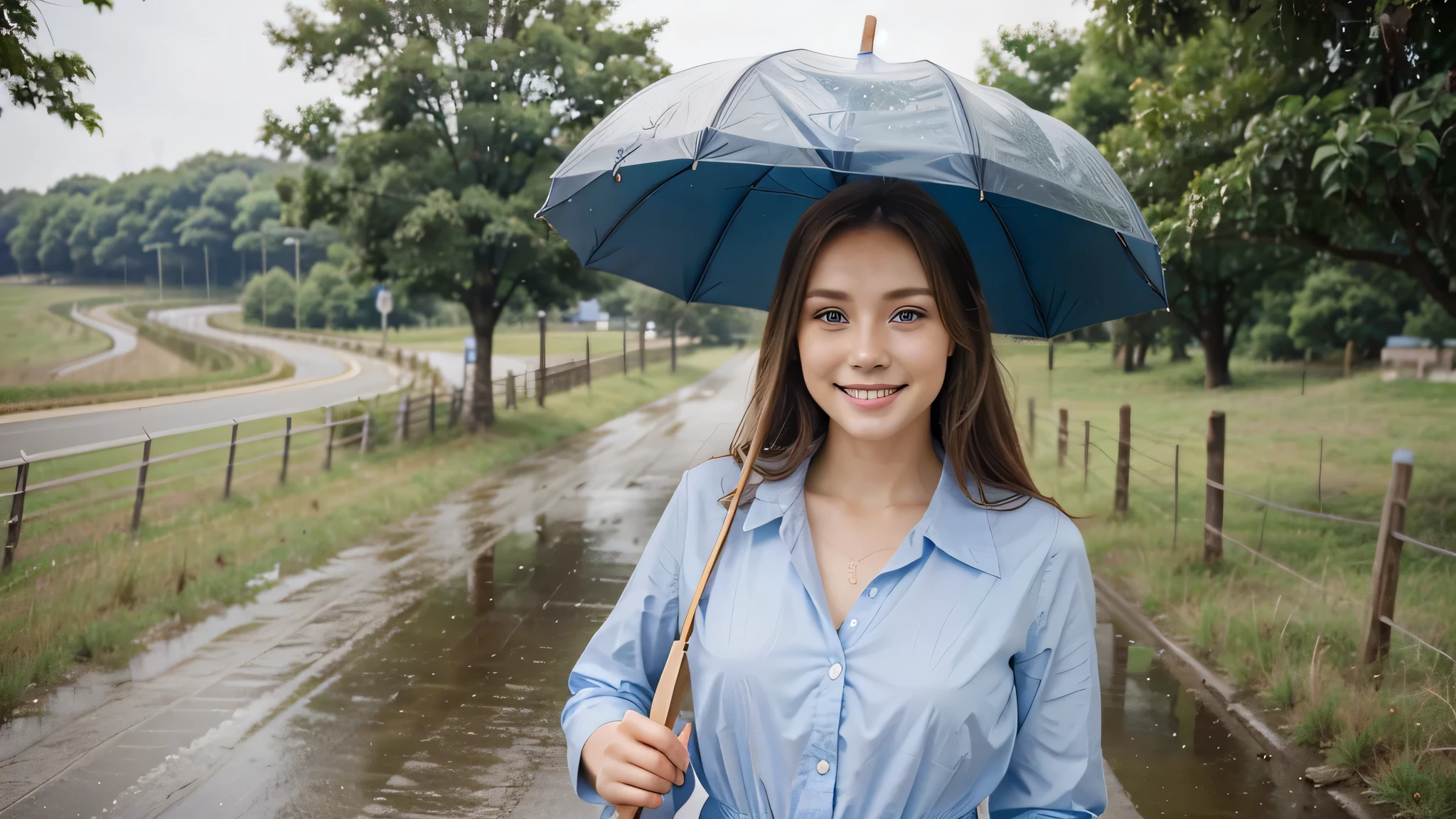 super beautiful girl。light brown shiny medium hair。Beautiful clear blue eyes。elegant and cute woman。優しいsmile。hold an umbrella。smile。country road。