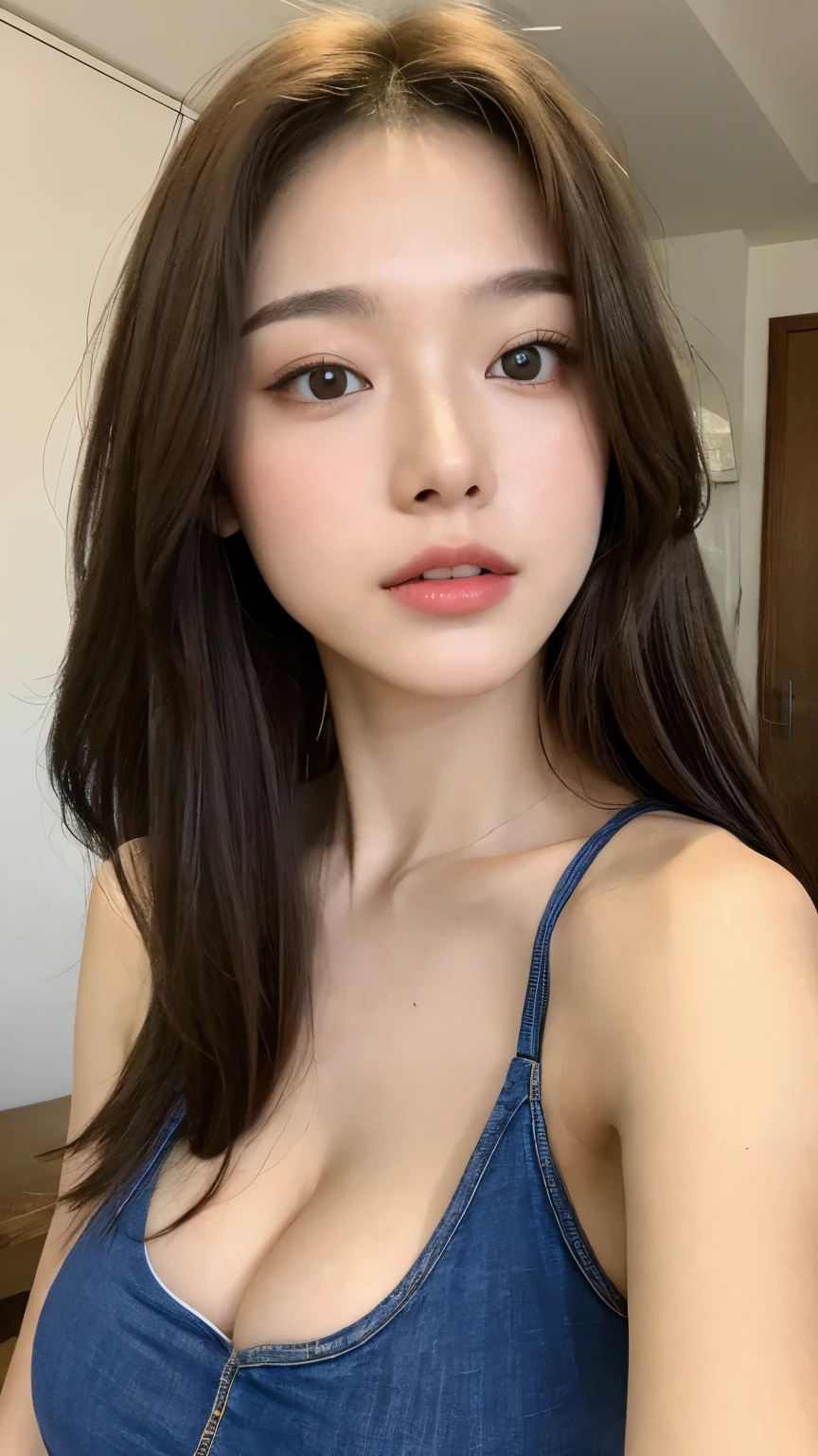 （realistic， high resolution：1.3）， 1 girl with the perfect body， Very detailed face and eyes，long hair， Random color tank top：1.2， short jeans， big breasts，Revealing the cleavage