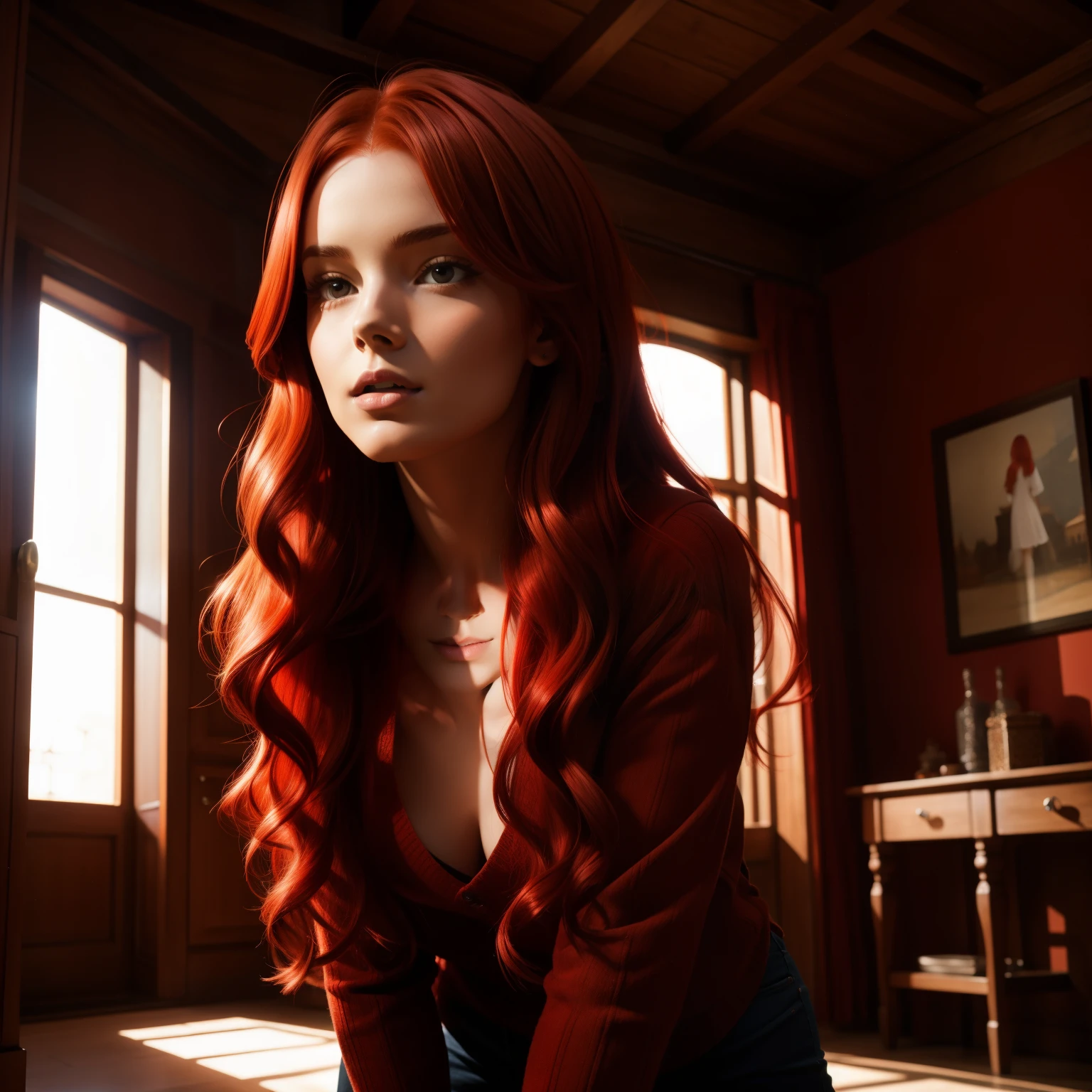 "woman with red hair in a house"