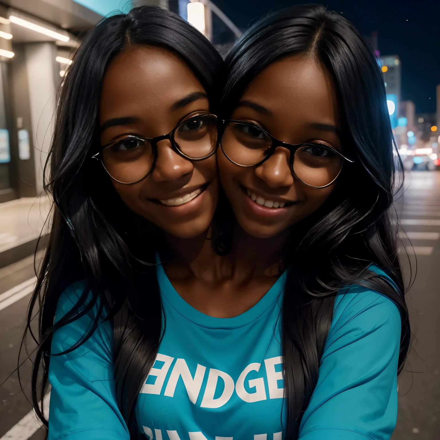 1girl, rounded glasses, big glasses, smiling, looking at the camera, long messy hair, dark-skinned, rounded eyes, cyan blue shirt, black shorts, close up, city, nighttime, dynamic pose, conjoined_dicephalus, (two heads:1.3),
