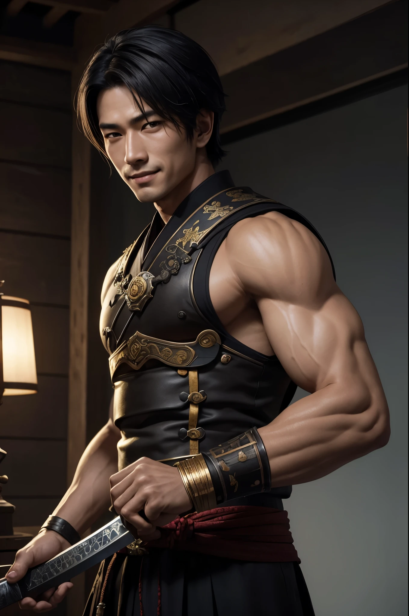 8k、solo、161old-boy,handsome boy,黒い目をしたhandsome boy,black short bob hair,Black and red exterior,golden decoration(carries a long Japanese sword)、facing there、Remains,amazing work of art、wind effect:1.9、cloud effect:1.2、full rendering、encaustic painting、unreal engine、1Japan sword of the book,An innocent expression,cute boy,Photorealistic RAW photos of the highest quality。bright colors,rich colors, Backlight, cinematic lighting, film grain, to be born, 50mm lens, Nikon D850,realistic skin,fantasy art,character art,ultra high resolution,realistic skin,Big open-mouthed smile,muscular slim body,