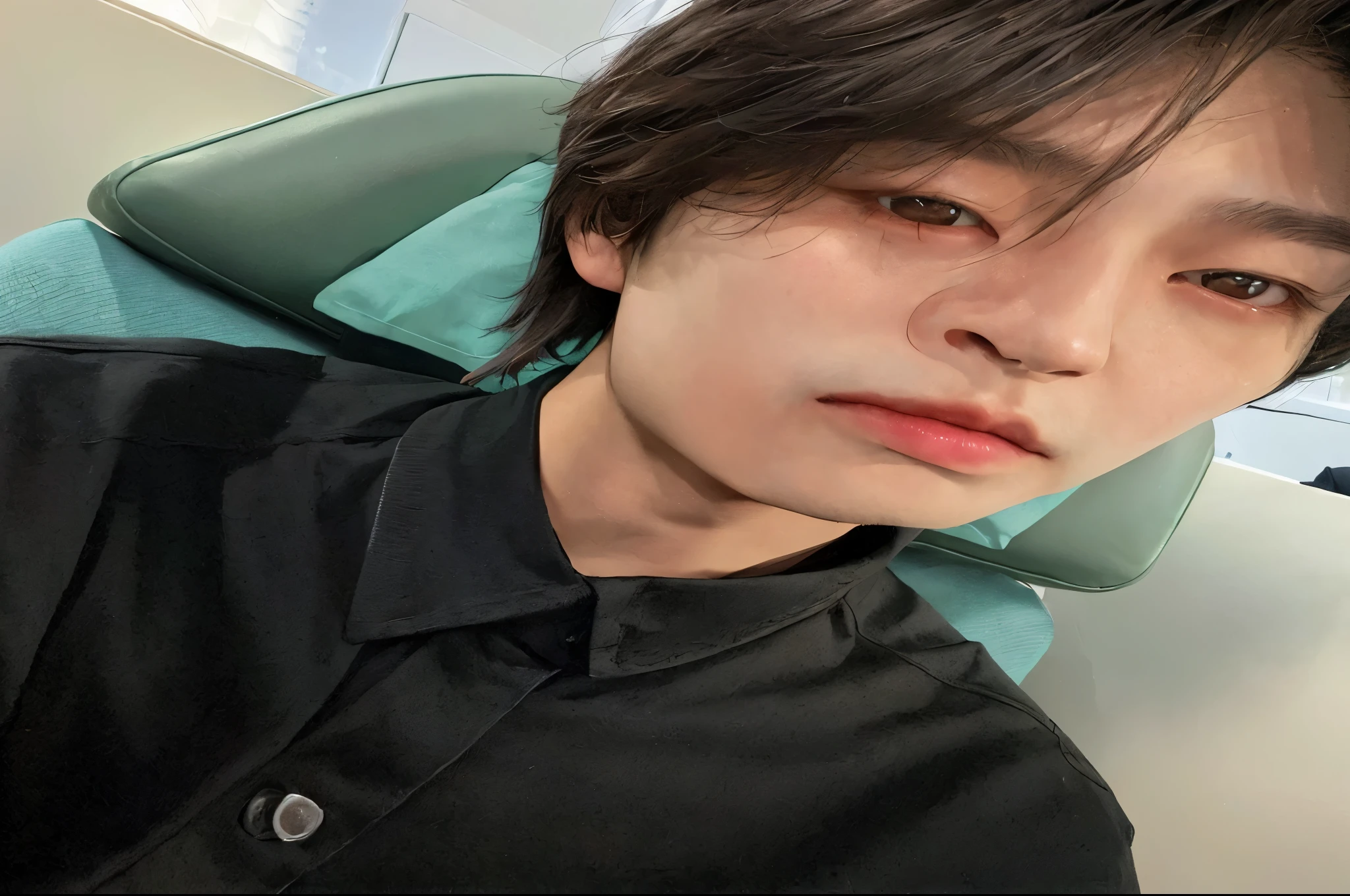there is a man sitting in a chair with a black shirt, jung jaehyun, hyung tae, kim doyoung, wan adorable korean face, male ulzzang, taejune kim, jinyoung shin, jimin\'s right eyelid swollen, cai xukun, jungkook, seseon yoon, jaeyeon nam, hong june hyung, wonbin lee
