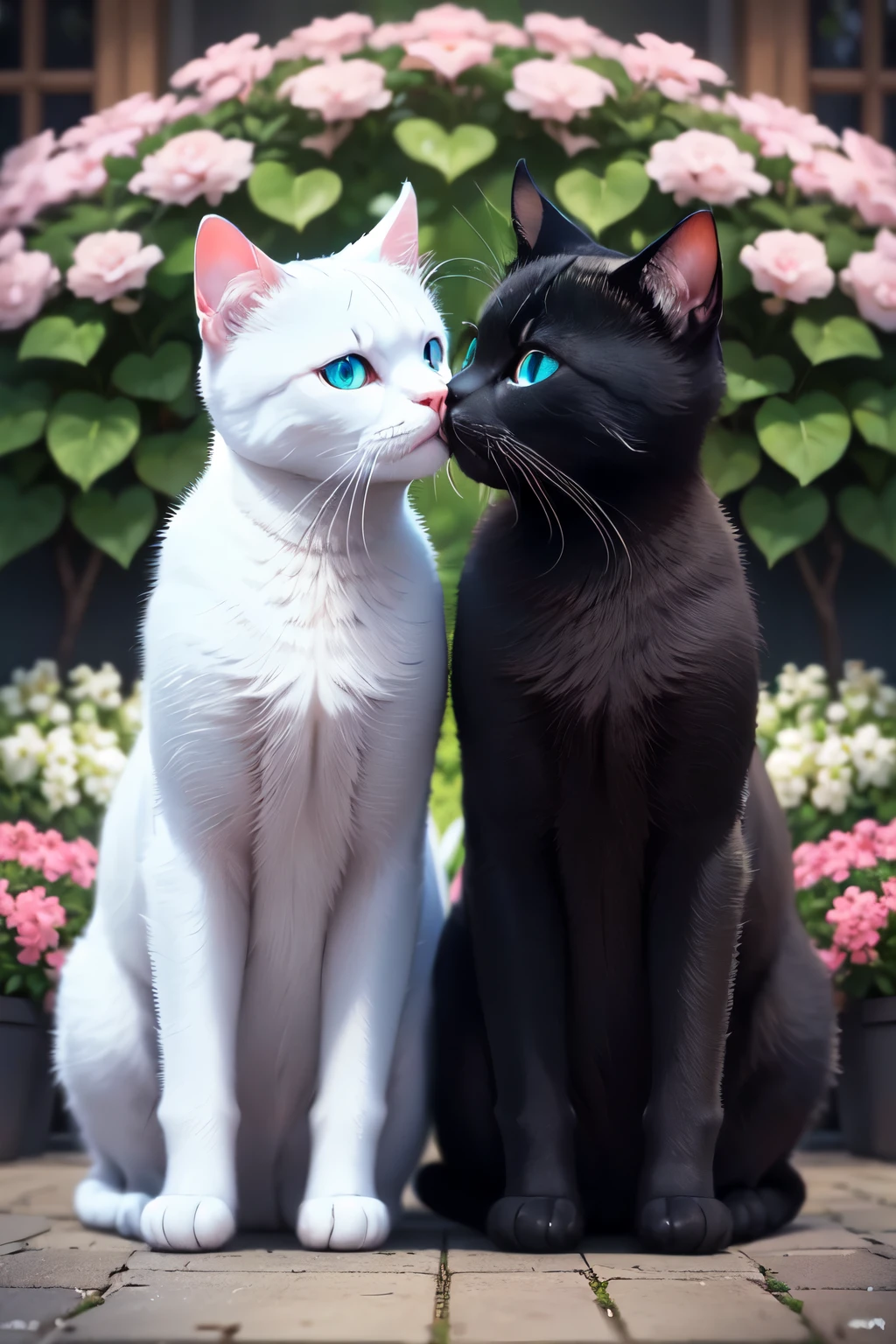 (8K, Best Quality, Master Piece: 1.2), Ultra High Resolution, Photo taken by a professional photographer, Two cats,detailed face,detailed eyes,one white cat with blue eyes on the street, one with green eyes Black cat looking down from above the flower bed,These two cats are kissing