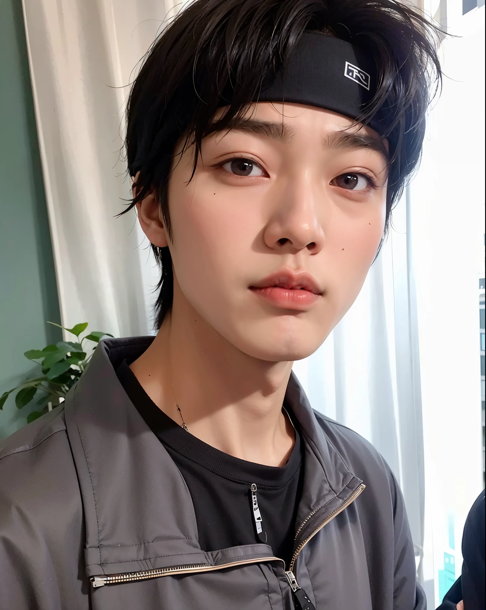 arafed asian man with a black headband and a gray jacket, kim doyoung, jung jaehyun, male ulzzang, wan adorable korean face, hong june hyung, jinyoung shin, hyung tae, taejune kim, south korean male, wonbin lee, yanjun chengt, headshot profile picture, inspired by jeonseok lee, jaeyeon nam