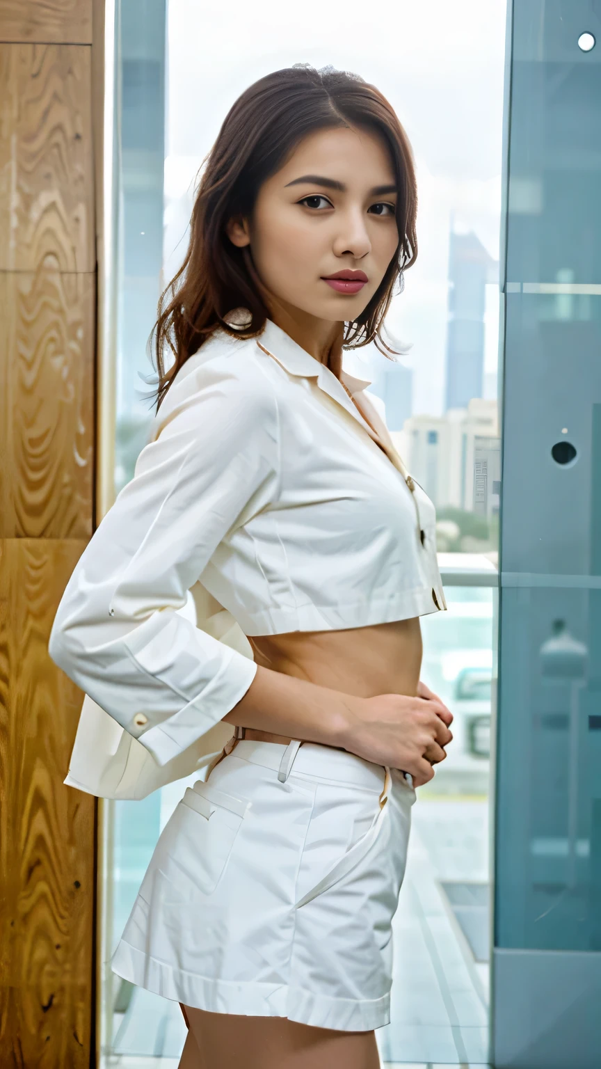 （best qualtiy，8K，32K，tmasterpiece，hyper HD：1.2），1girll，beautiful  japanese woman，a narrow waist，White color blouse，office  lady，Superskirt，Back in，office room，Lie on the table，（revealing buttocks：1.2），详细的脸，short detailed hair，sexy big breasts exposed