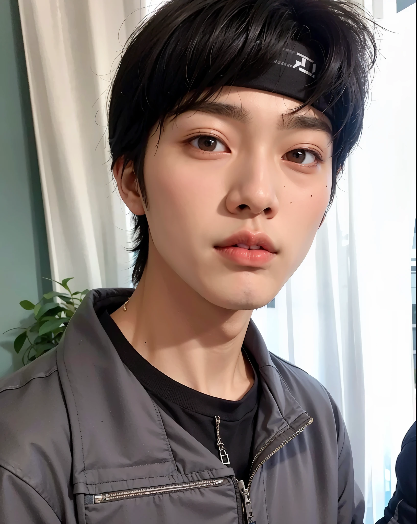arafed asian man with a black headband and a gray jacket, kim doyoung, jung jaehyun, male ulzzang, wan adorable korean face, hong june hyung, jinyoung shin, hyung tae, taejune kim, south korean male, wonbin lee, yanjun chengt, headshot profile picture, inspired by jeonseok lee, jaeyeon nam