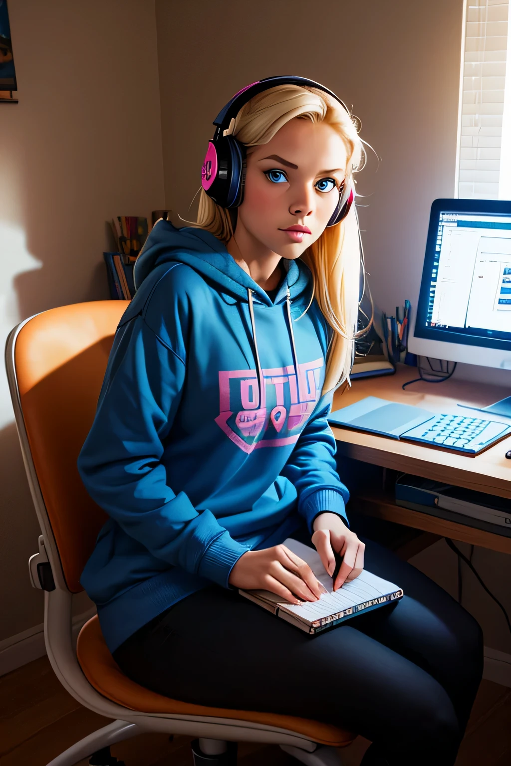 uma em seu quarto, sitting on the chair in front of the study table, com fones de ouvido, usando um notebook, She is thin, athletic, wearing comfortable sweatshirt clothes, loiro, olhos azuis.