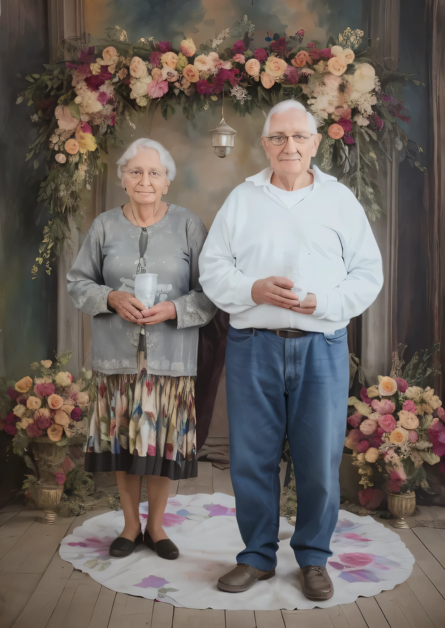 pintura de un hombre y una mujer parados frente a un arco floral, Mom and Dad, a foto coloreada, dos ancianos, foto coloreada, foto restaurada, retrato de dos personas, dos viejos flacos, Lynn Skordal, por Béla Nagy Abodi, taken in the early 2020s, barabas miklos y holosy simon