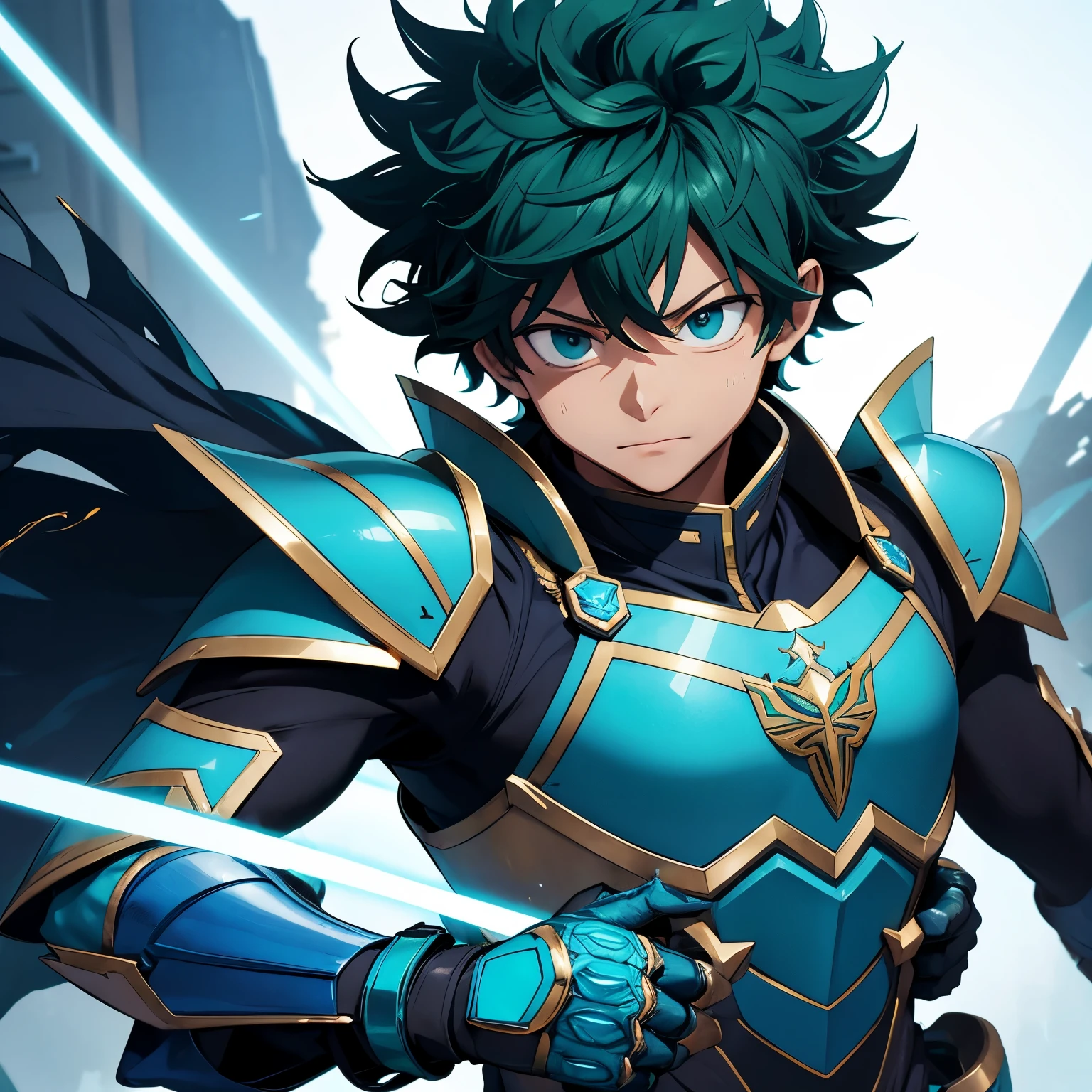 Make Izuku Midoriya with armor with bright blue details in a futuristic style, misture a design do traje do Deku na temporada 7 e misture com uma armadura medieval