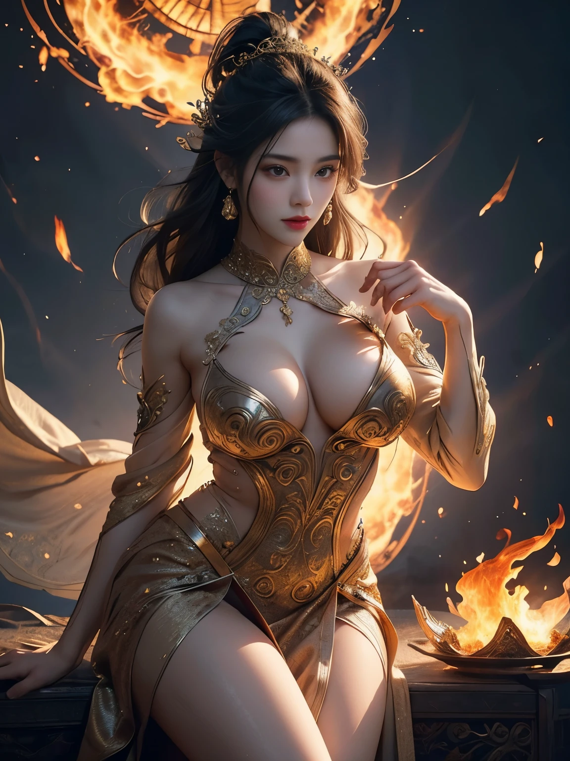 depicts a goddess of war，she is a great giant，she is a lovely princess，Also a powerful warrior，flame，lightning in sky，The top of the mountain is at your feet，mountains in the distance，(fire element:1.4)，现实的flame，Highly realistic，correct anatomy，full-body shot，convex，cute big breasts，violent house，，Plum，longing unsatisfied，only genitalia， camel toe，sexy gesture，，Sex huge breasts cleavage， onlyfoot，sexy gesture，（wear：Gorgeous and sexy evening dress，由fire element組成，only ，）1 female，30 years old，married woman，MILF， solo，Beautiful and delicate eyes，（tangled，mandala，tangled，entangled），divine light，gold foil，gold foil艺术，dark background，marvelous and unbelievable，史诗ish作品，(intricate details，Ultra-detailed:1.2)，Super real photos, scary, epic reality, faded, ((neutral color)),(pastel colors:1.2), Detailed face, delicate eyes，surreal, + movie shot + dynamic composition, Very detailed, sharpen, ish, warm light, Light effect, dramatic light, (intricate details:1.1), complex background, (Greg Rutkowsky:0.8), laughter，